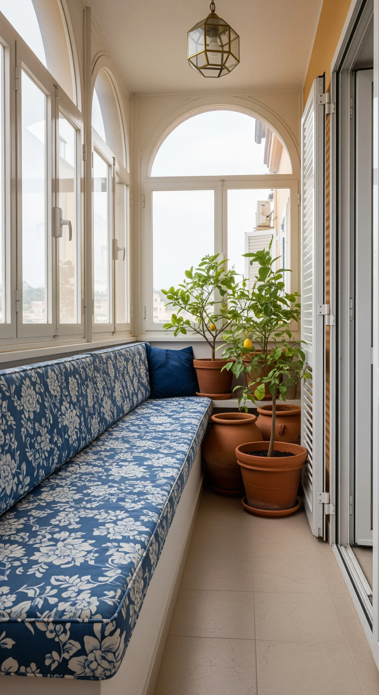 Schmaler, verglaster Balkon mit einer langen, blau-weiß gemusterten Sitzbank und Zitruspflanzen.