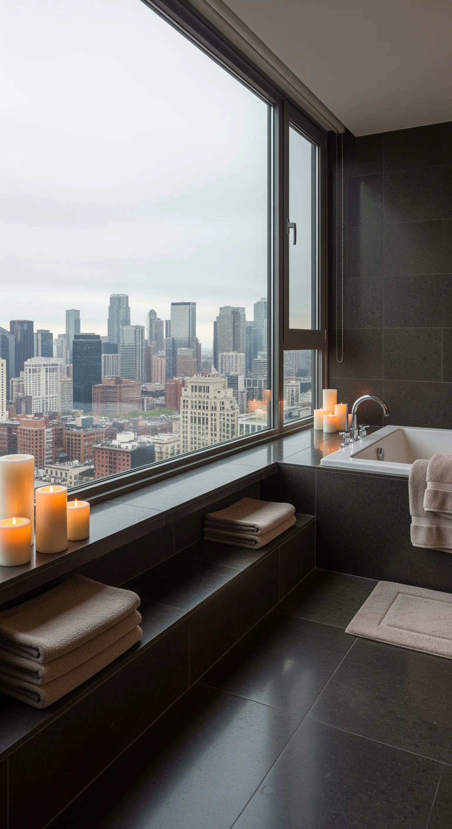 Badezimmer mit bodentiefem Fenster und einer langen, gefliesten Stufe als Ablage.