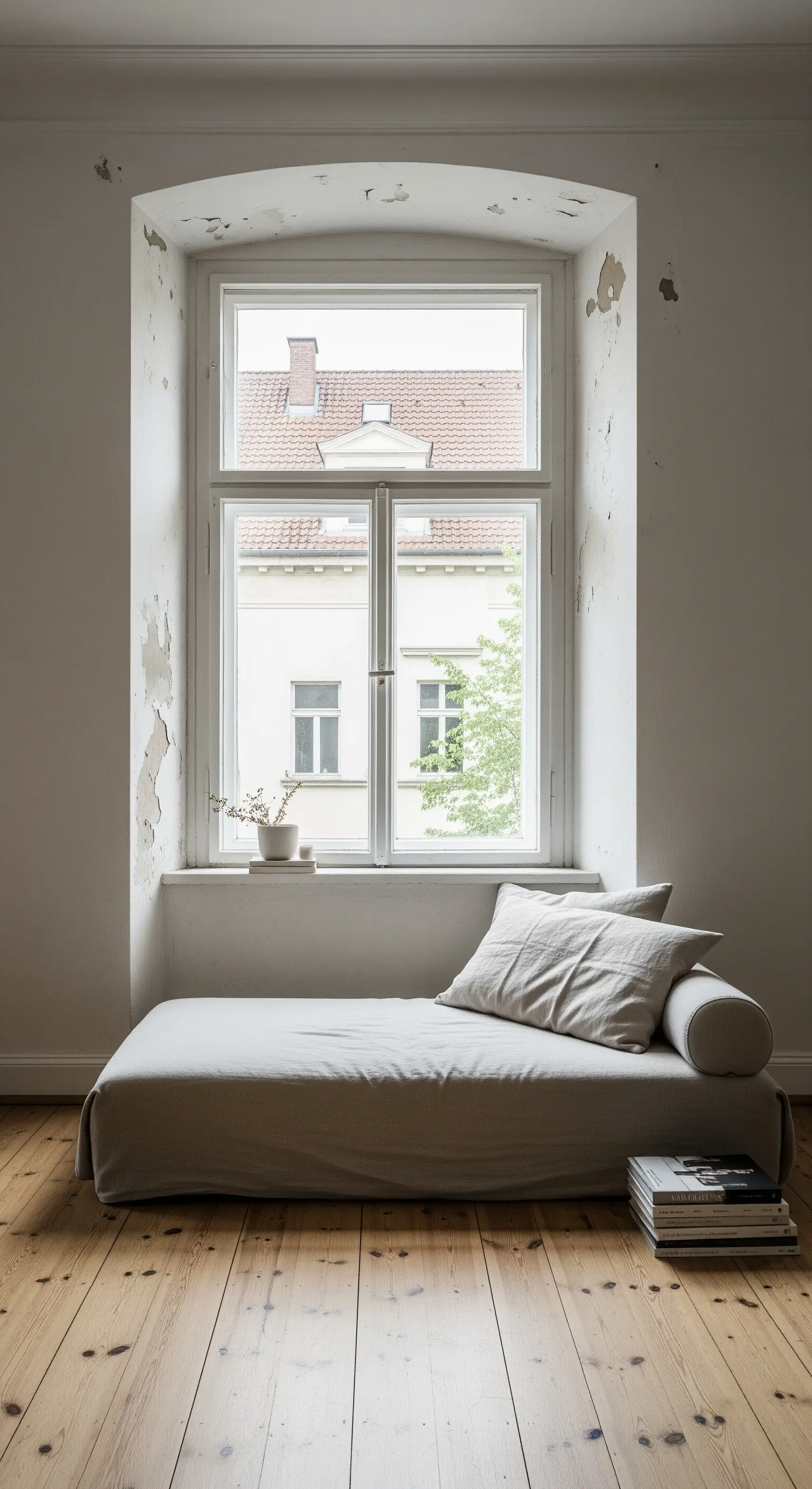 Ein Daybed in einer tiefen Fensternische mit alten, abblätternden Wänden.