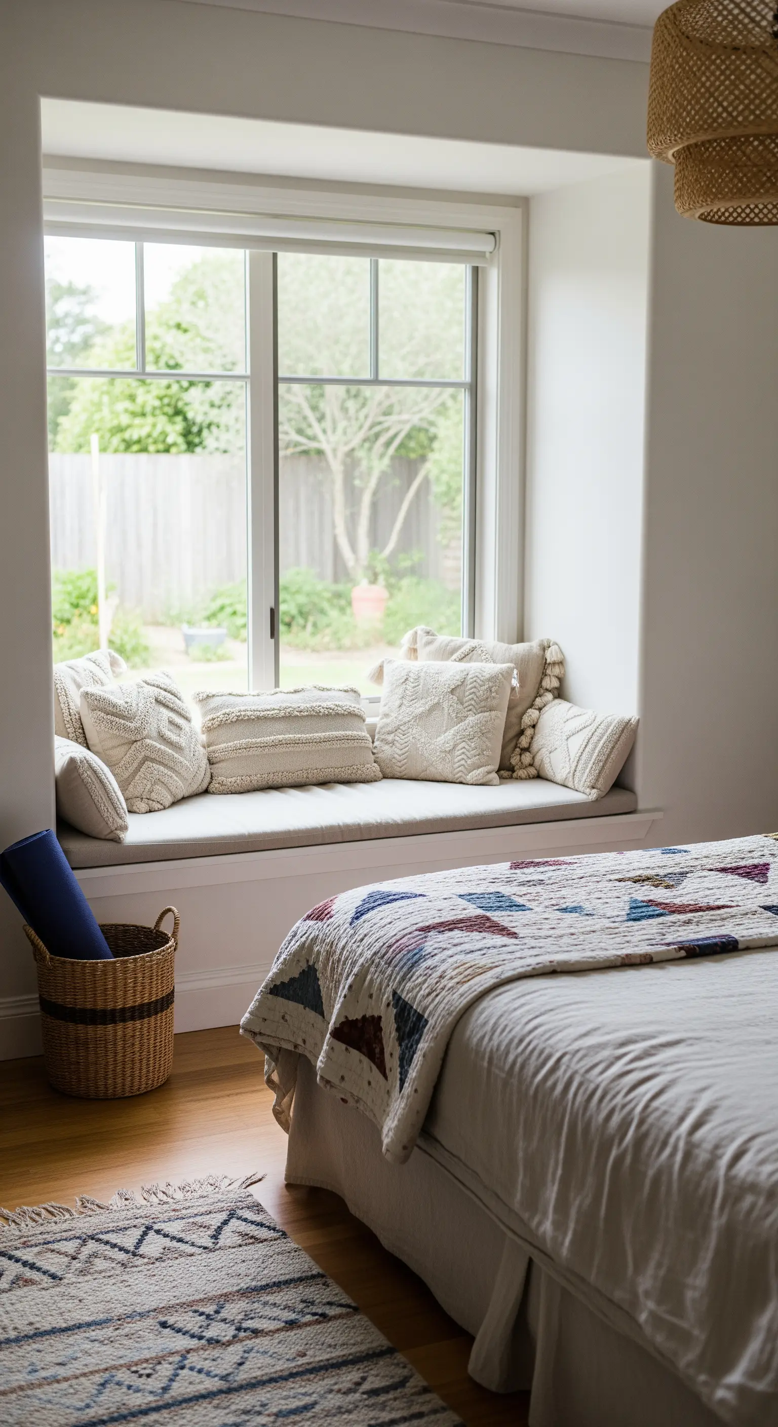 Gemütliche Fensternische mit vielen strukturierten Kissen als Lese- und Meditationsecke.