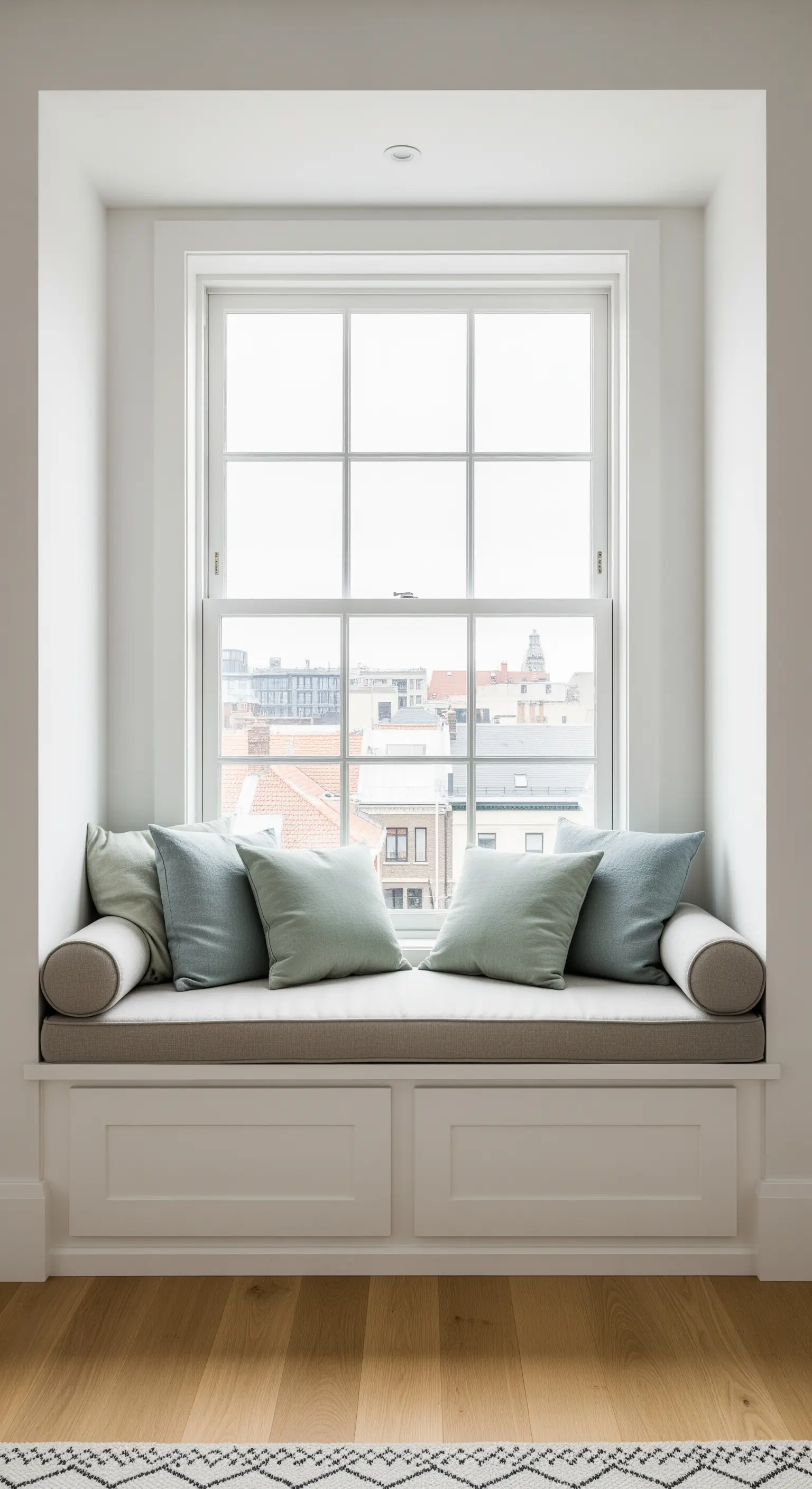 Gemütliche Fensternische mit dicker Polsterung und vielen Kissen in sanften Tönen.