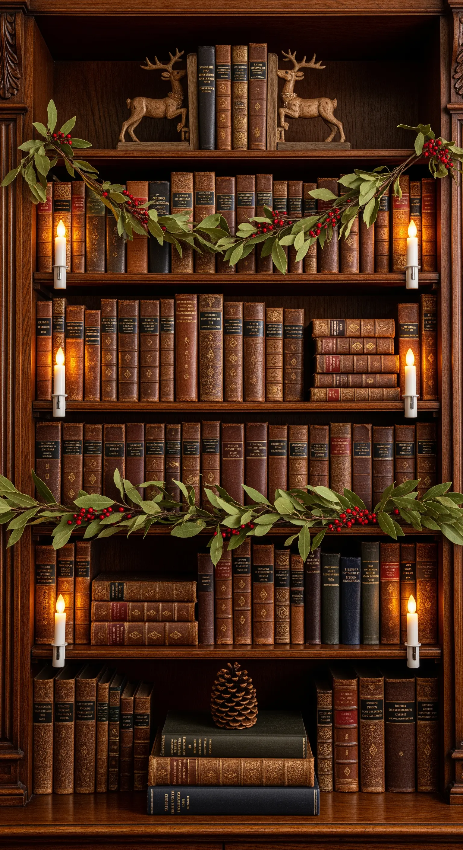 Dunkles Bücherregal mit Girlanden aus Grünzeug und elektrischen Clip-Kerzen