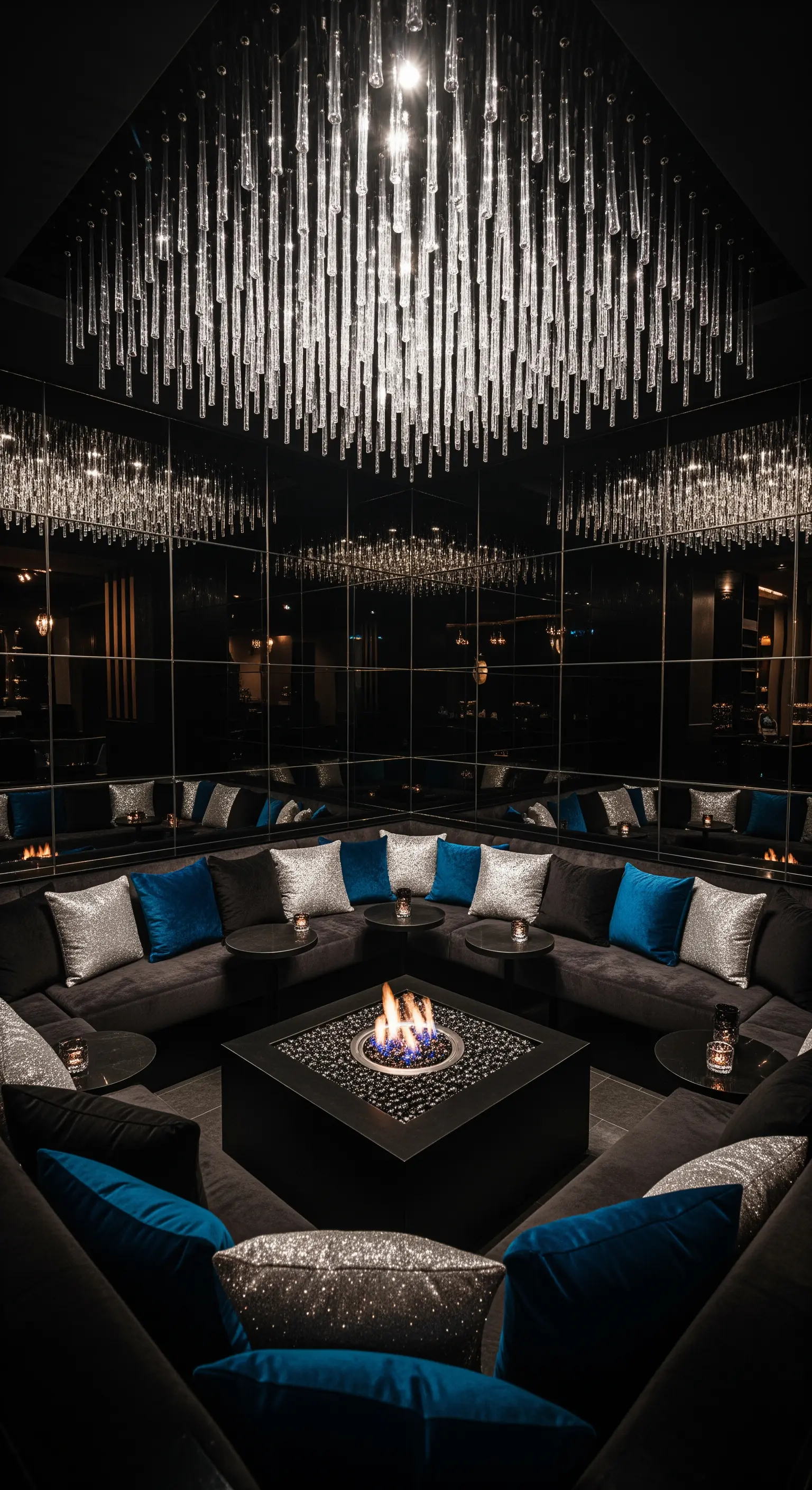 Lounge mit Feuerstelle, umgeben von schwarzen Spiegelwänden und einem großen Kristall-Kronleuchter.