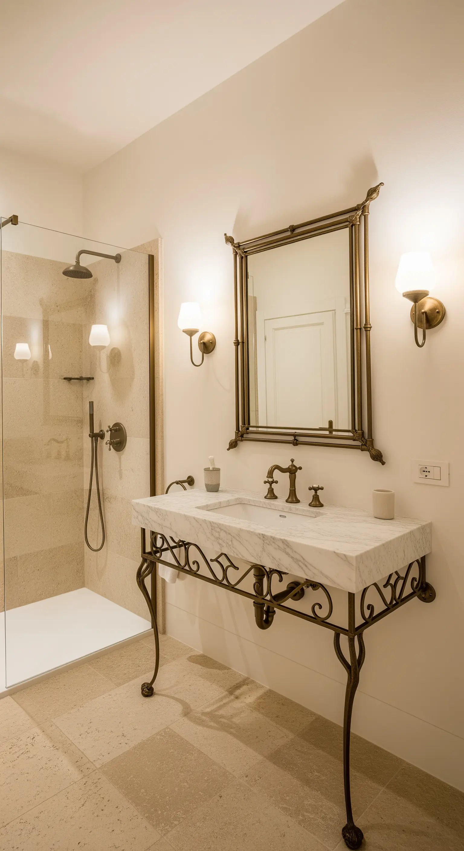 Eleganter Waschtisch mit einer Marmorplatte auf einem verzierten Schmiedeeisen-Gestell.