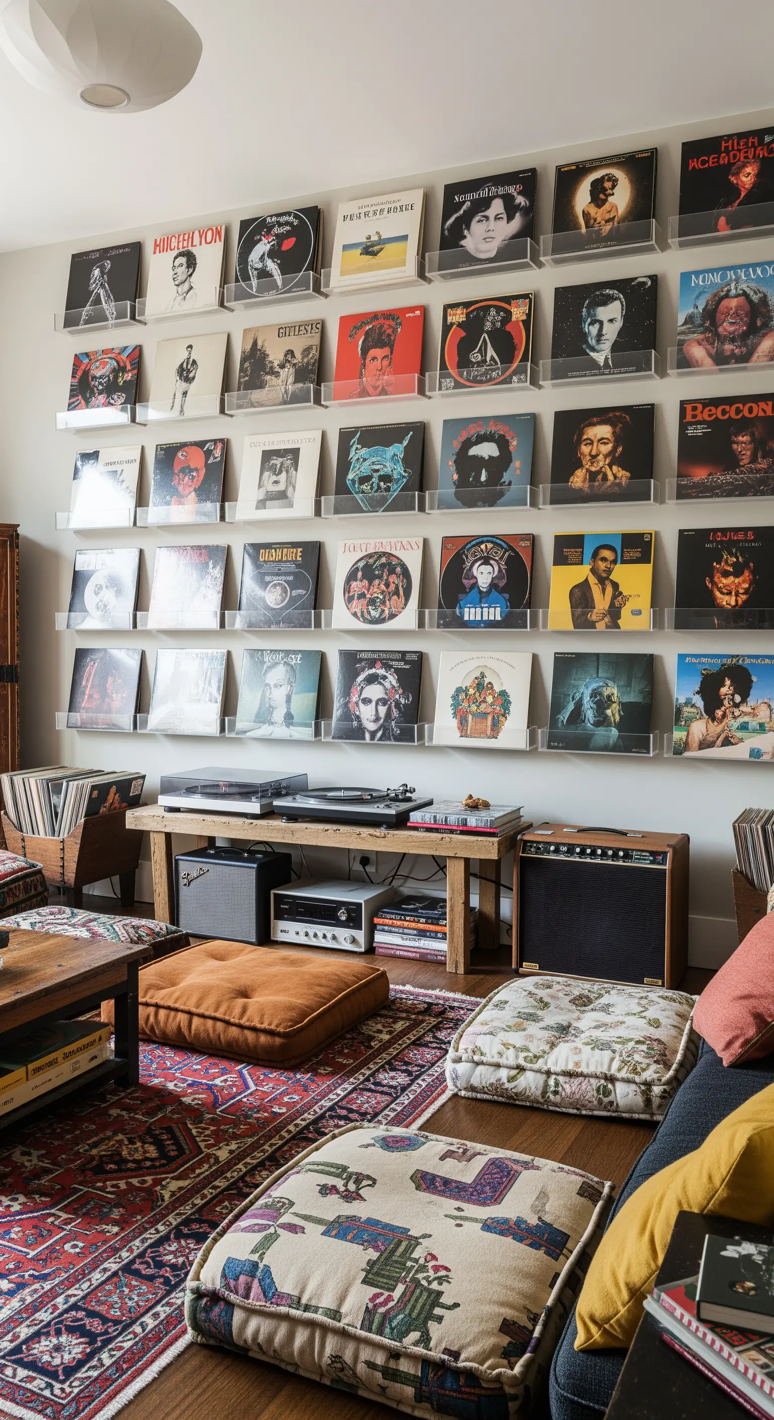 Wand voller Plattencover, die in transparenten Acryl-Regalen präsentiert werden