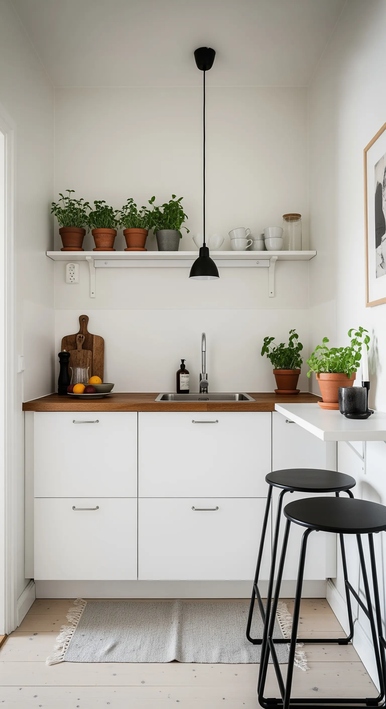 Kleiner Klapptisch mit zwei schwarzen Hockern als Essplatz in einer winzigen Küche.