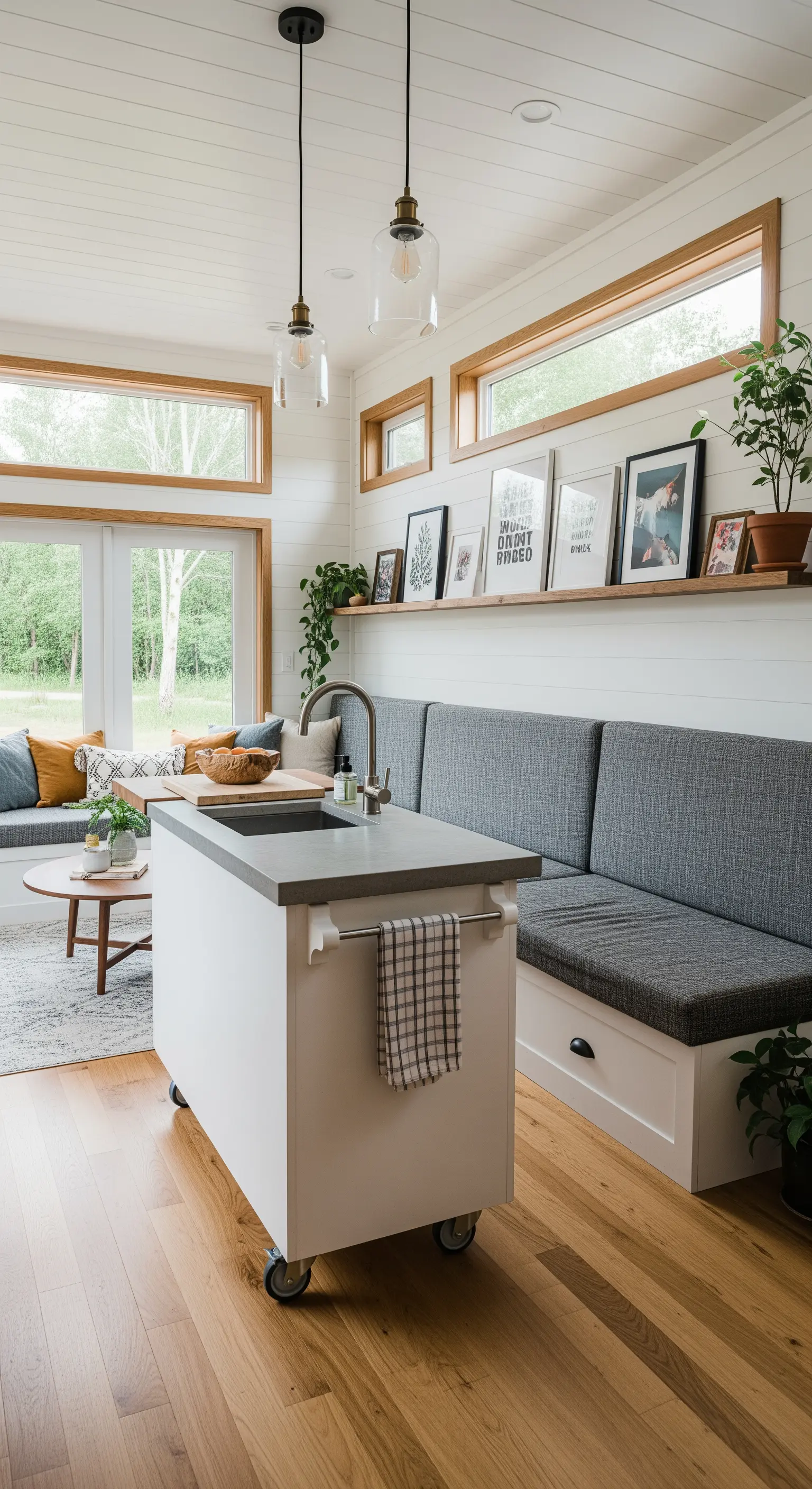 Helles Tiny House mit einer mobilen Kücheninsel auf Rollen und einer langen Sitzbank.