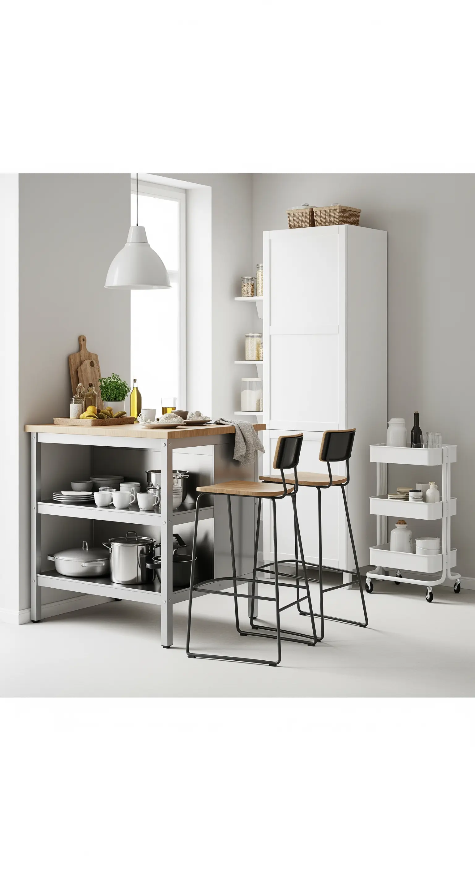 Helle Küche mit einer Edelstahl-Insel, Barhockern und einem weißen Servierwagen.