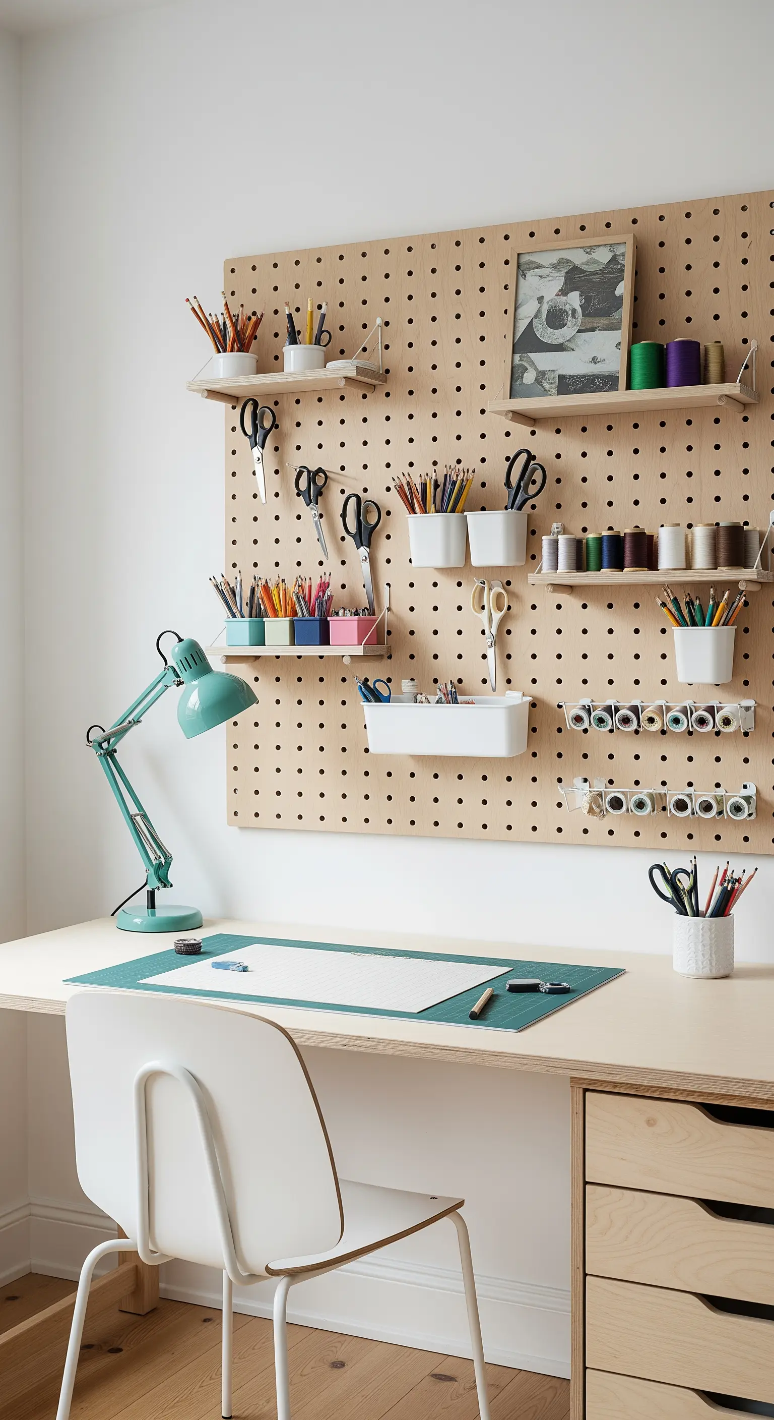 Schreibtisch mit einer großen Lochwand (Pegboard) zur organisierten Aufbewahrung von Bastelmaterial.