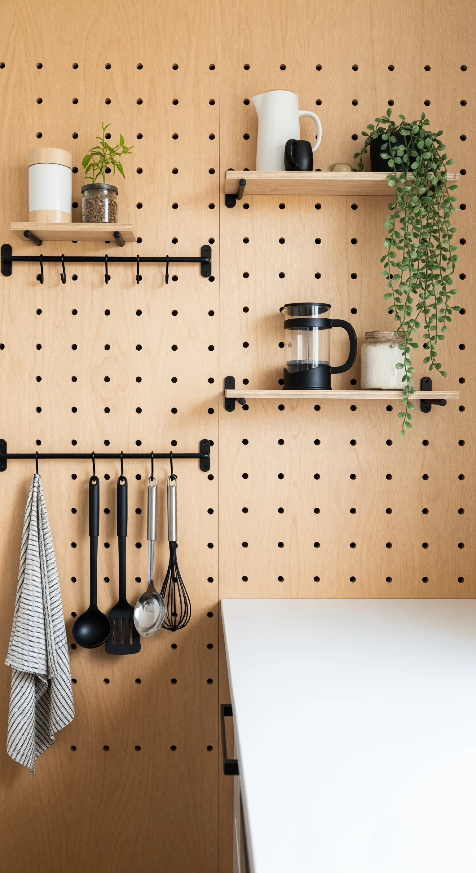 Große Steckbrett-Wand aus Holz mit flexibel anordenbaren Regalen und Haken für Küchenutensilien.