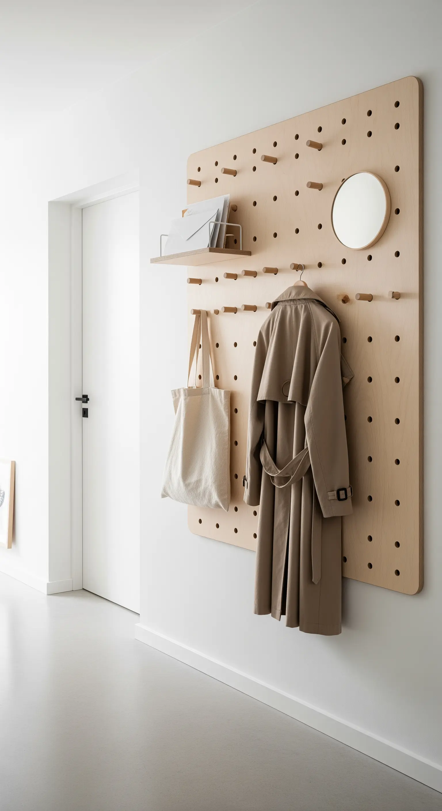 Modulares Pegboard aus Holz im Eingangsbereich für Jacke, Tasche und Post.