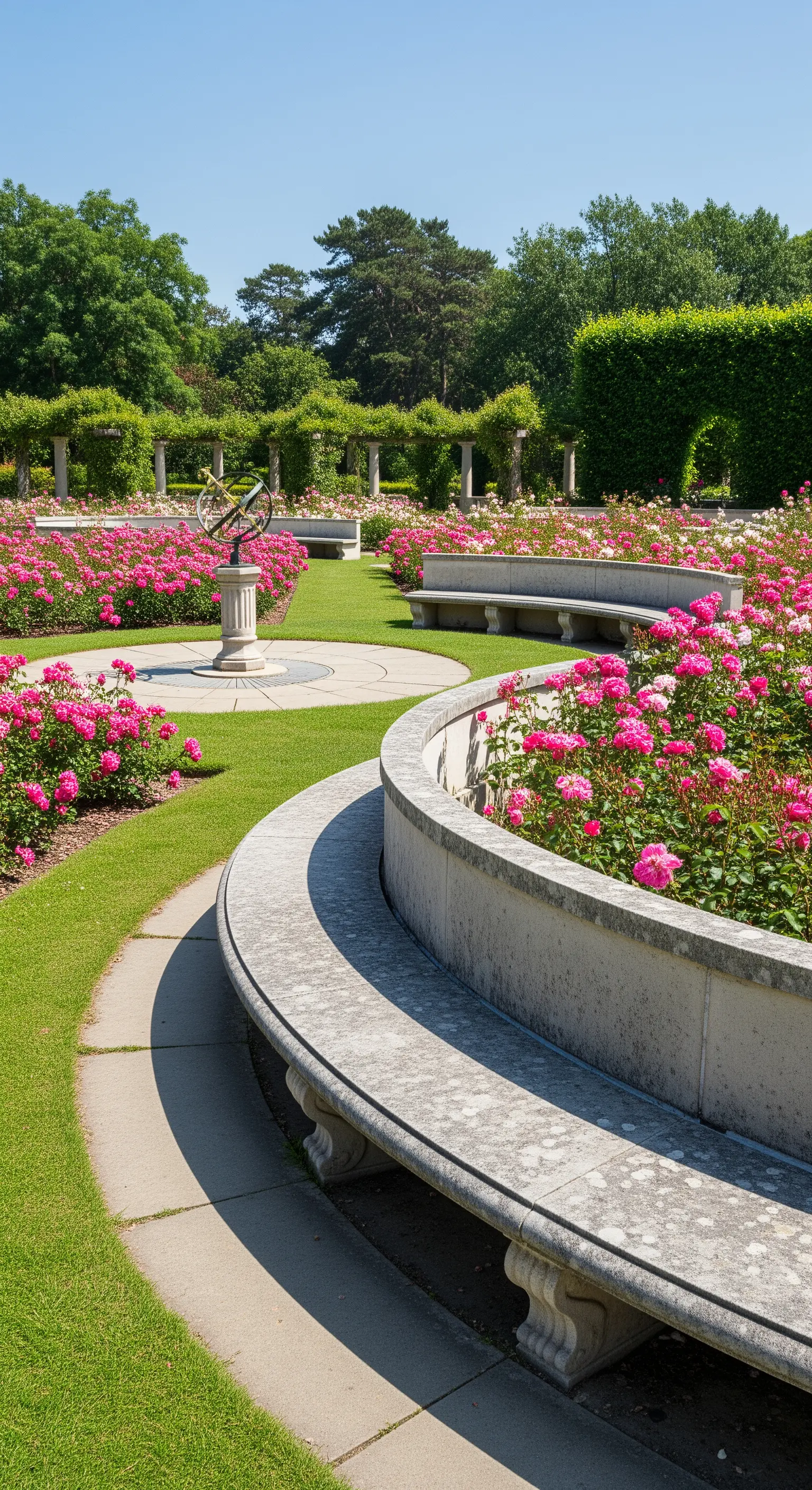 Lange, geschwungene Steinbänke, die einer runden Beeteinfassung in einem formalen Rosengarten folgen.