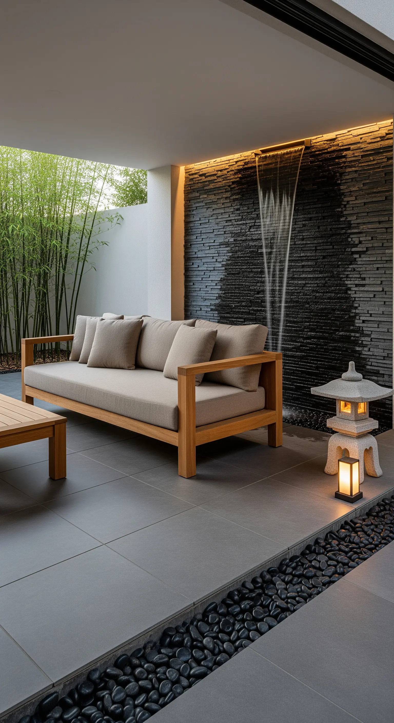 Moderne Terrasse mit Wasserwand aus dunklem Schiefer, Holzsofa und einer leuchtenden Steinlaterne.