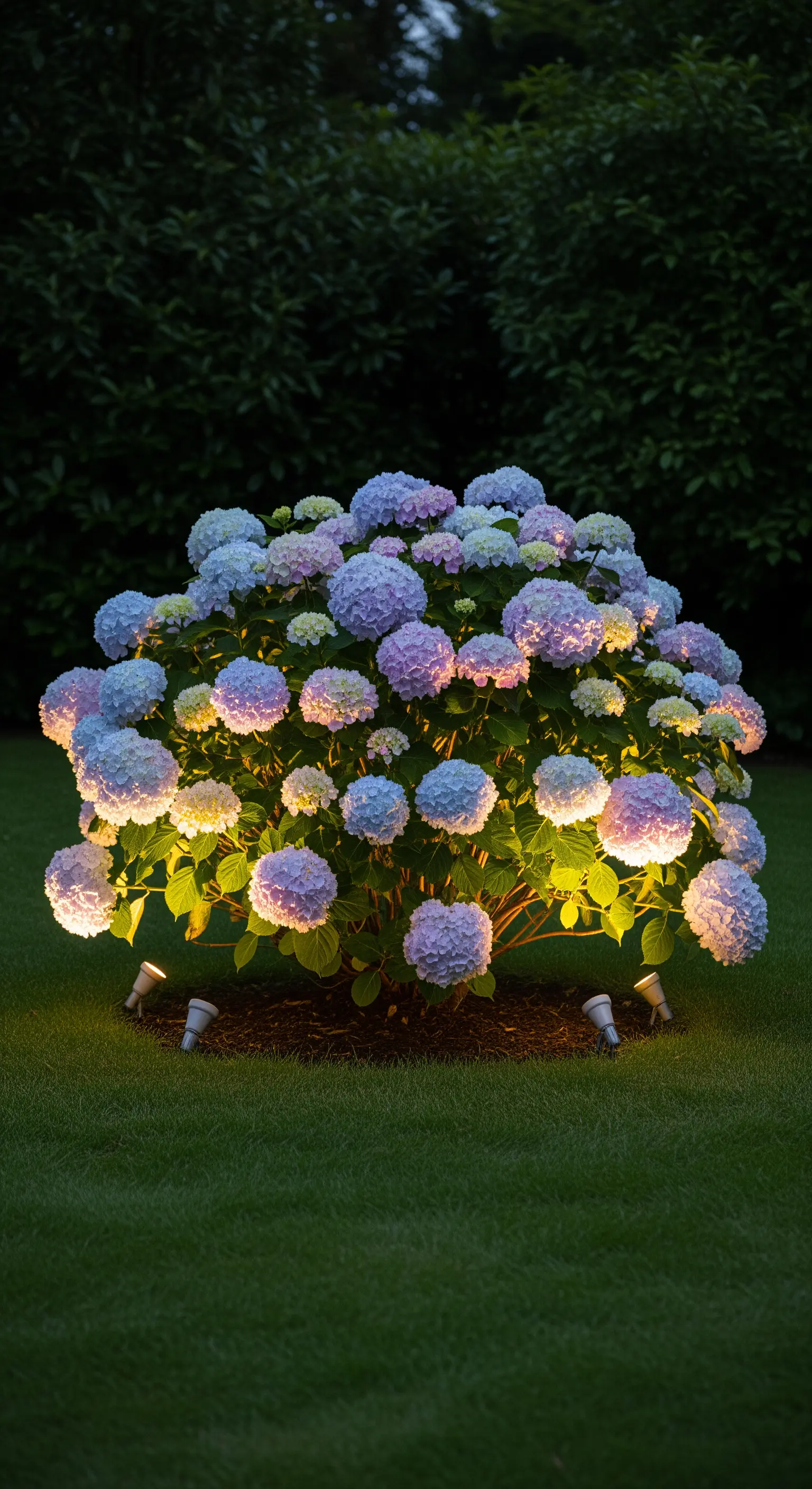 Ein großer Hortensienbusch wird von unten mit kleinen Bodenspots angestrahlt und hervorgehoben.