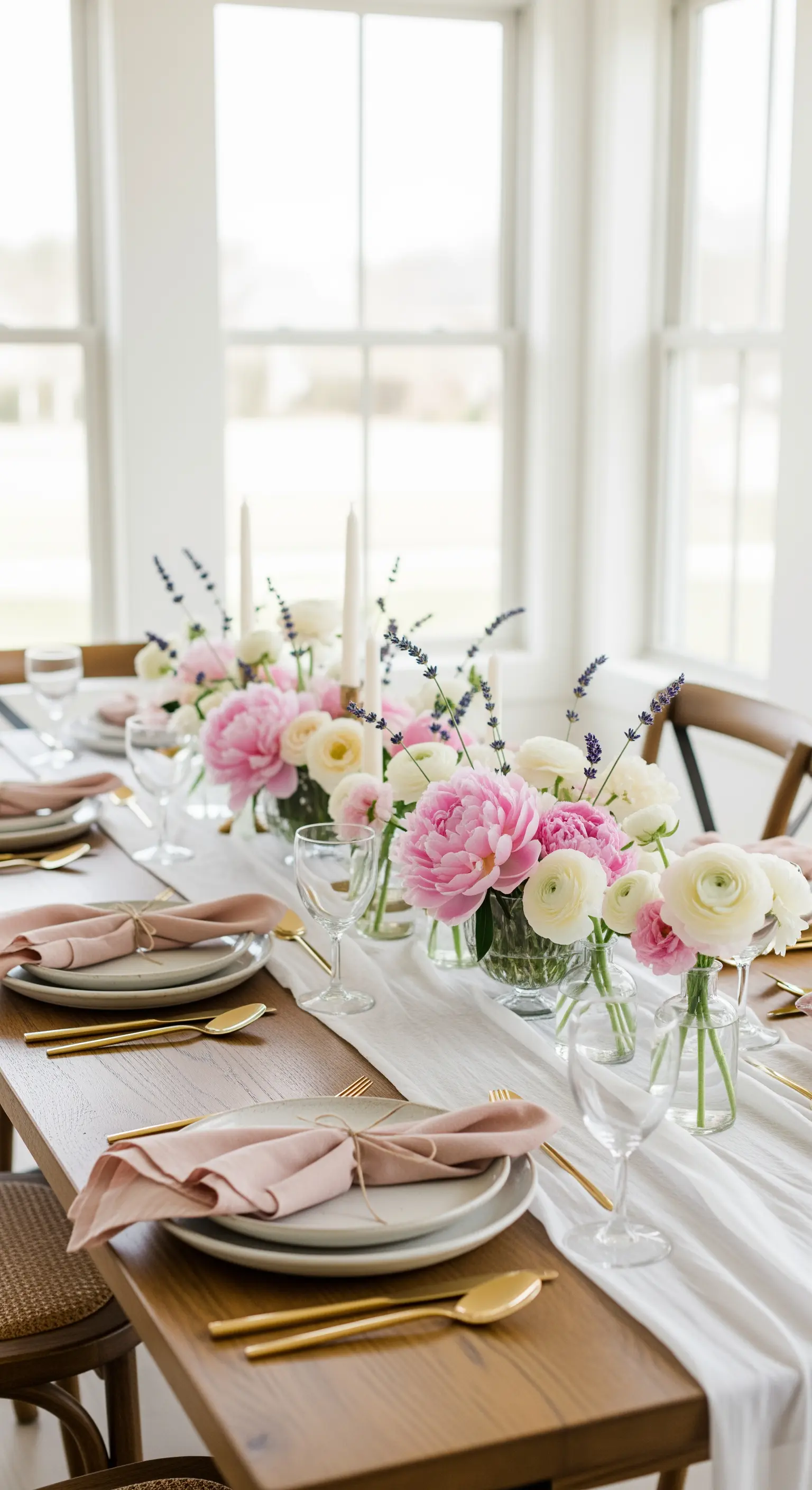 Tischdeko mit Pfingstrosen in kleinen Glasvasen und goldenem Besteck