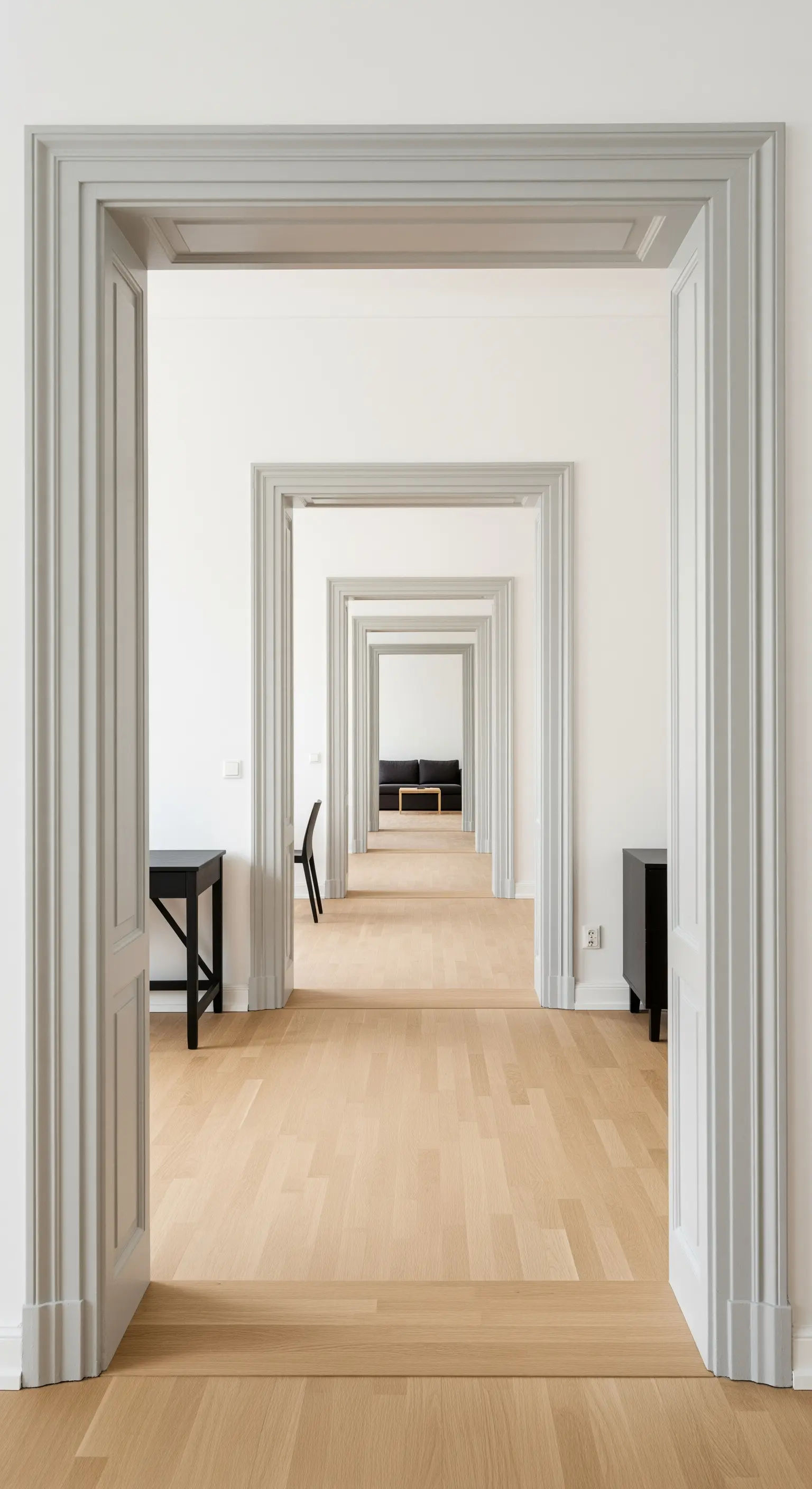 Blick durch eine lange Flucht offener Türen in einer hellen Altbauwohnung.