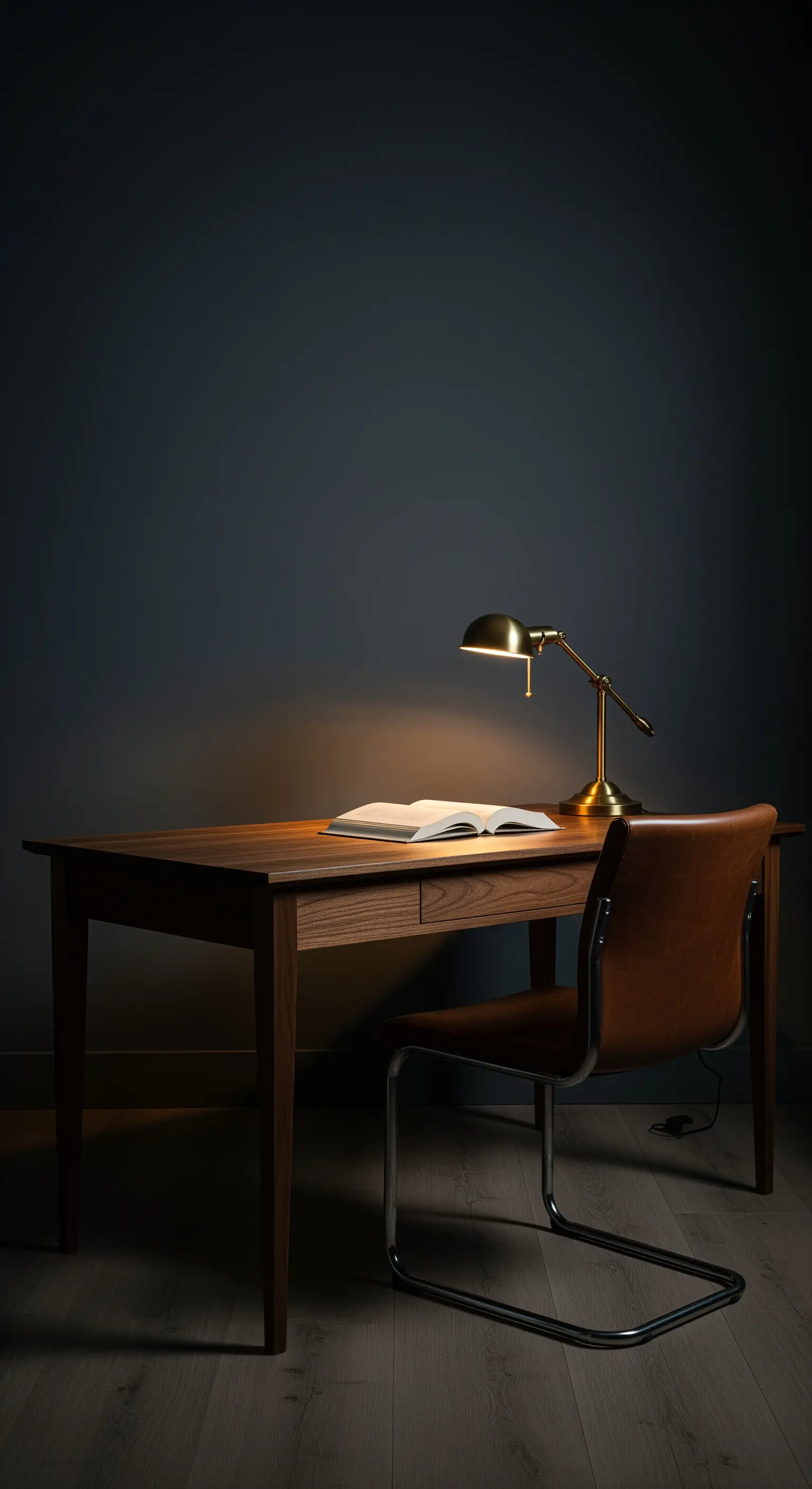 Dunkler Arbeitsplatz mit einer warmen Messing-Tischlampe, die ein Buch beleuchtet.