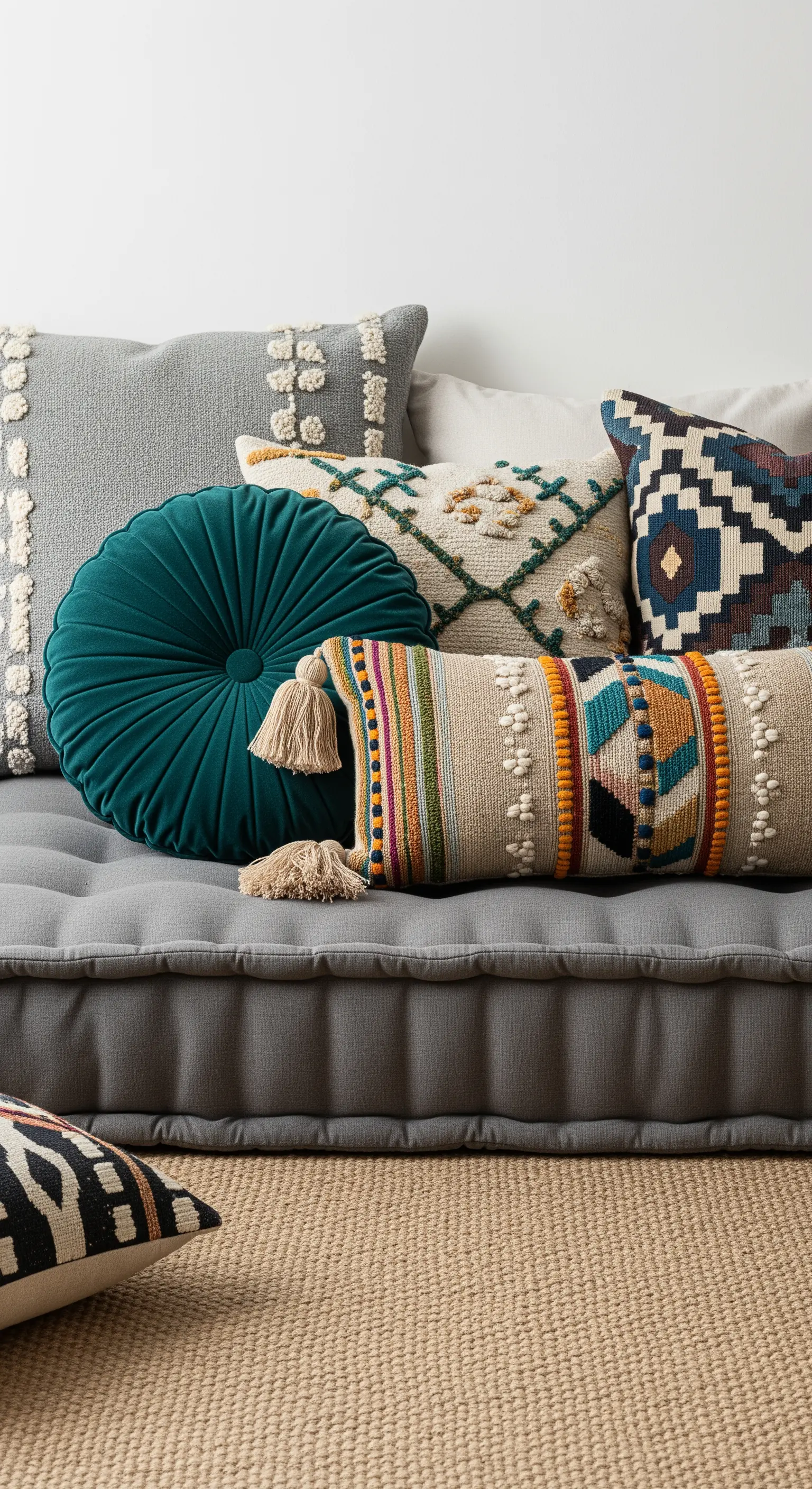 Eine Ansammlung von verschiedenen Boho-Kissen auf einer grauen Unterlage in unterschiedlichen Formen und Texturen