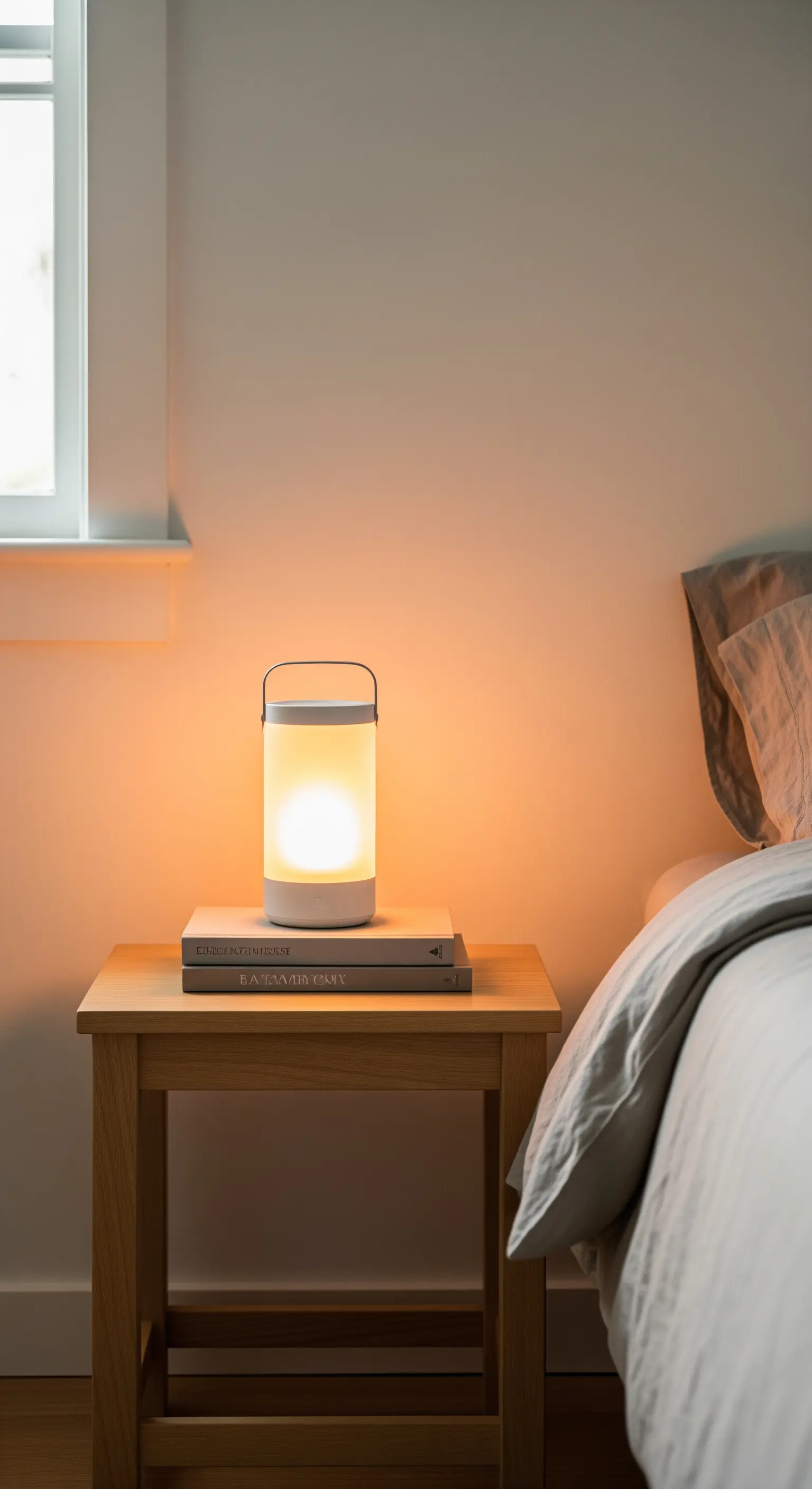 Eine moderne, weiße, tragbare LED-Laterne steht auf einem Stapel Bücher neben einem Bett.