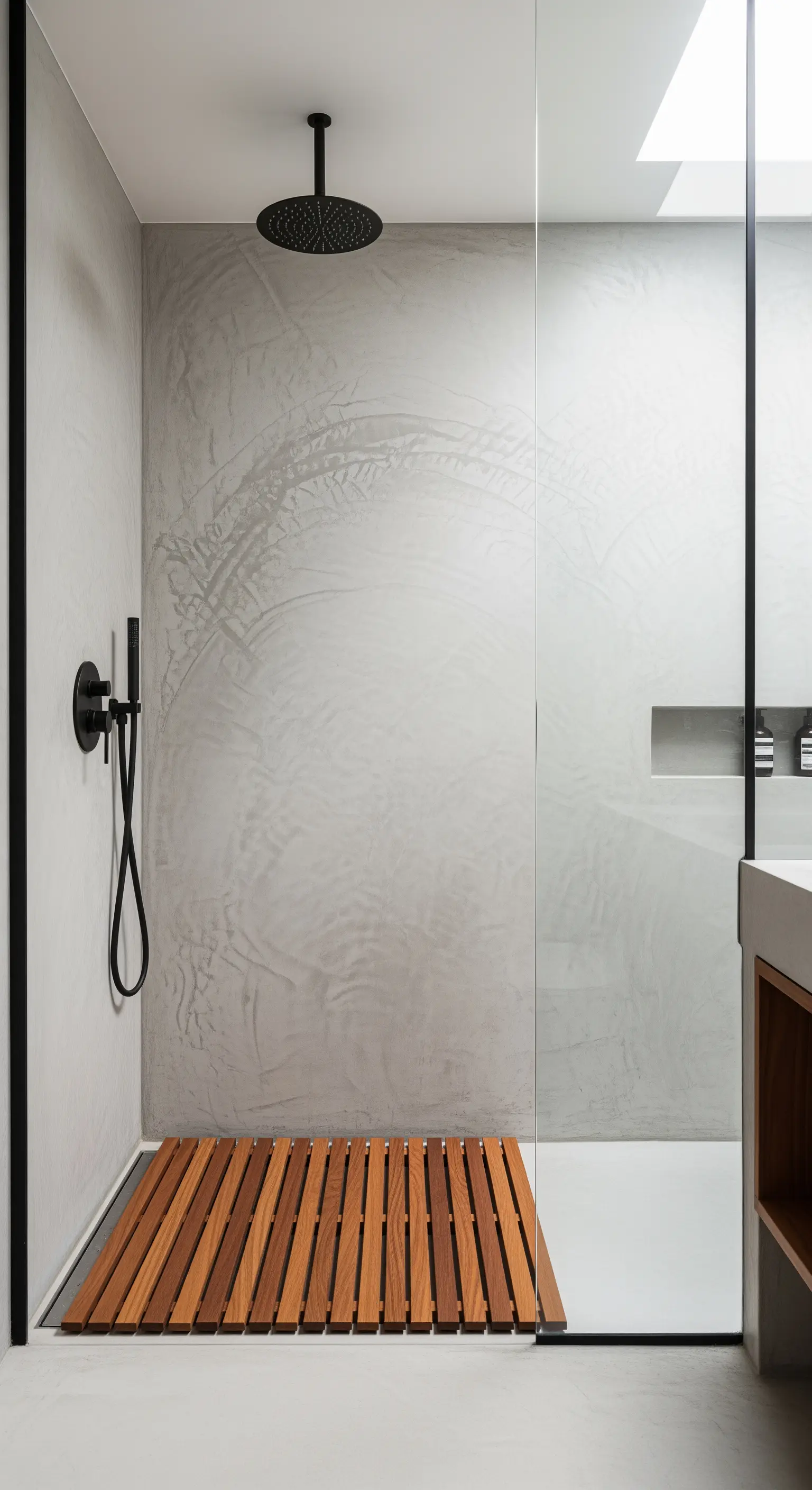 Fugenlose Dusche mit Mikrozement-Wänden und einem Duschboden aus Teakholz.