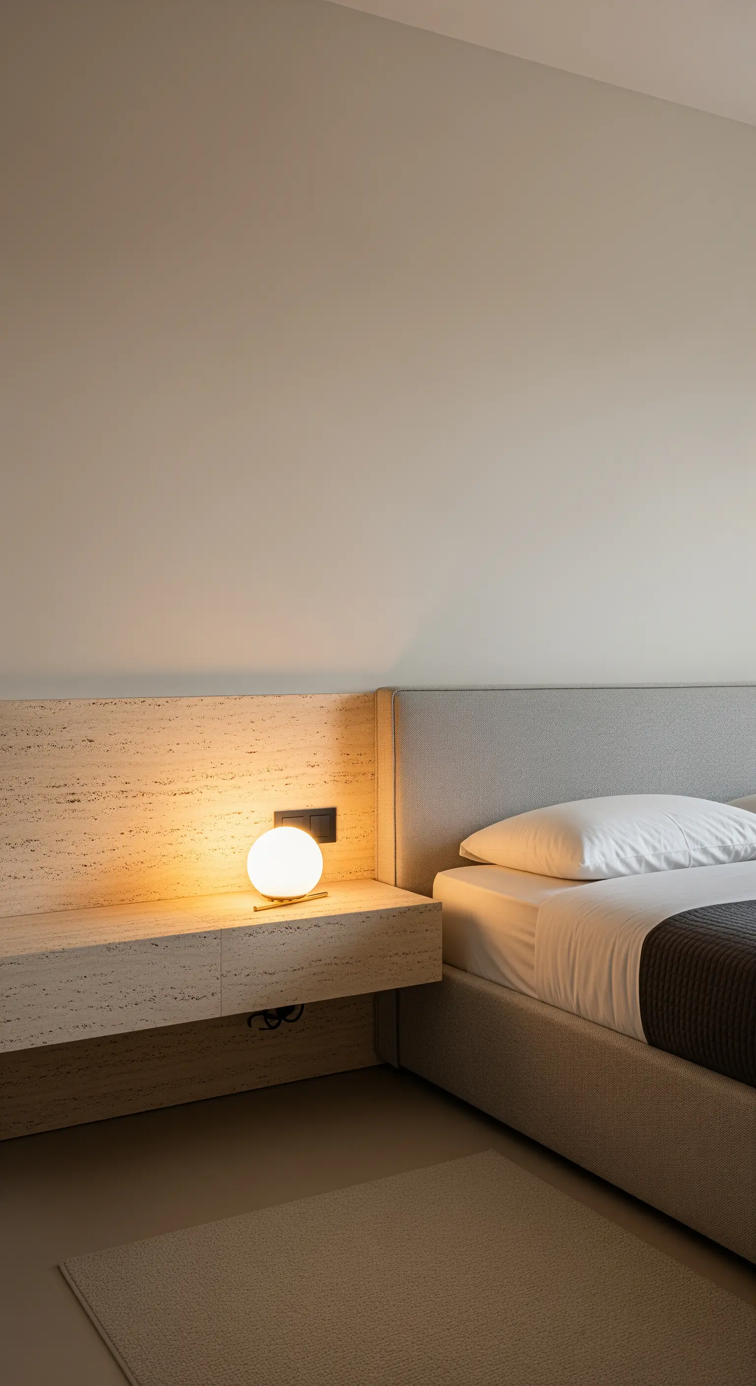 Maßgefertigter, schwebender Nachttisch aus Travertin, der ins Kopfteil integriert ist.