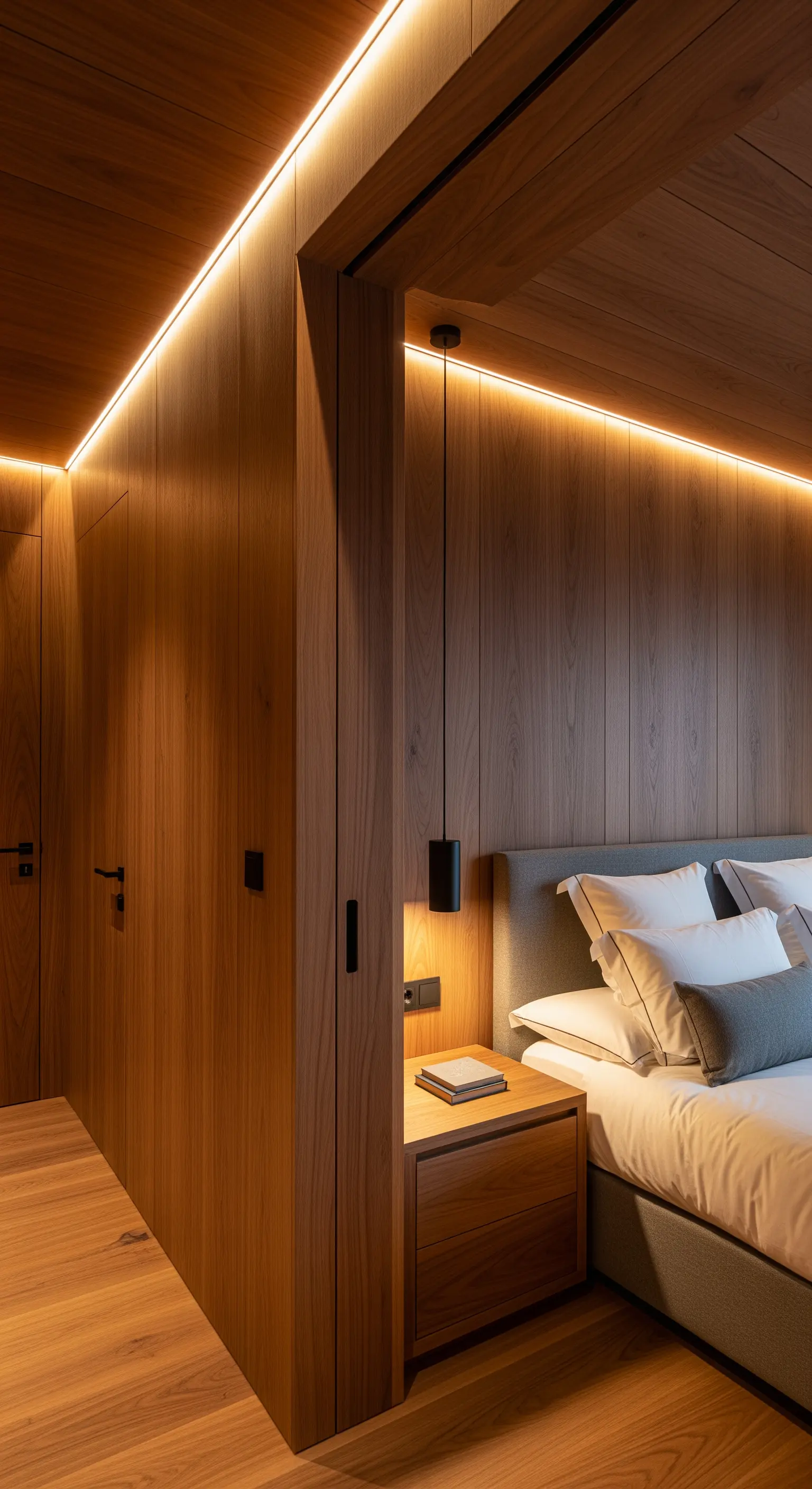 In die Deckenkante integrierte LED-Lichtleiste, die eine Holzverkleidung im Schlafzimmer beleuchtet.