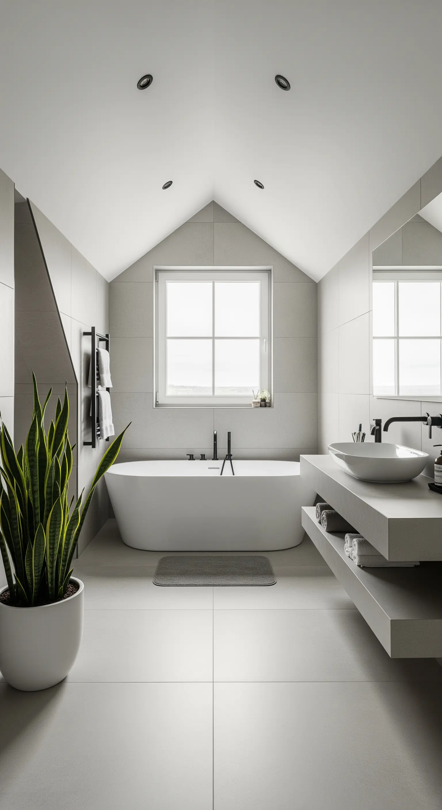 Helles, minimalistisches Badezimmer mit grauen Fliesen, freistehender Wanne und großer Pflanze.