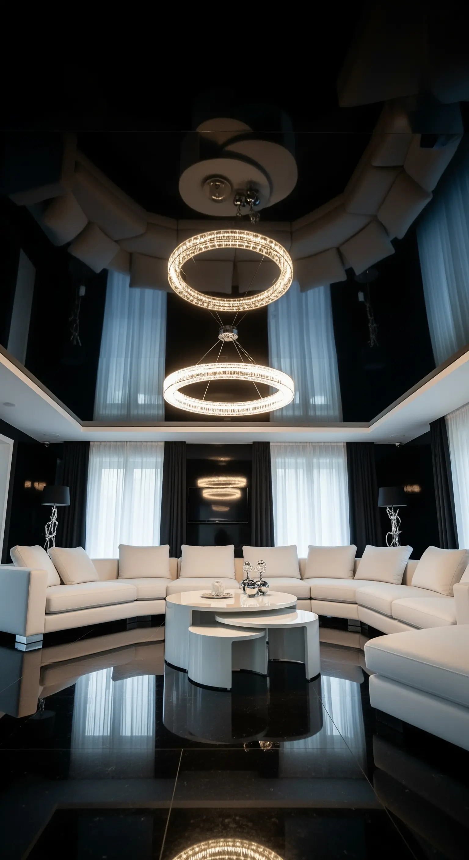 Schwarze Hochglanzdecke spiegelt ein weißes Rundsofa und große, runde Kristall-Kronleuchter wider.