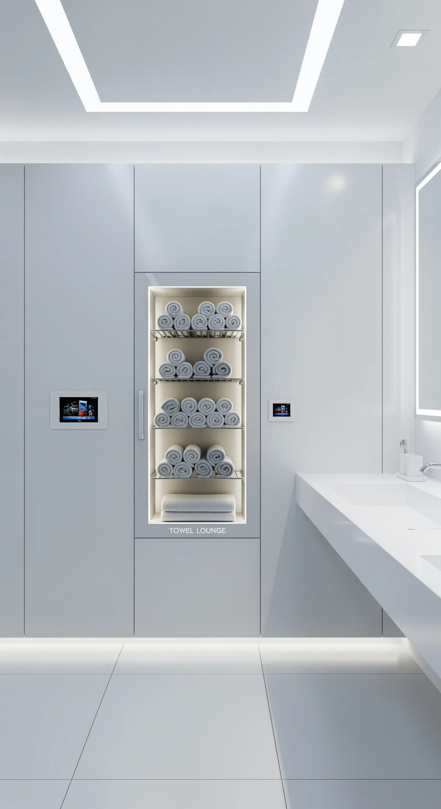 Modernes, weißes Bad mit einer beleuchteten, in die Wand integrierten Handtuch-Nische.