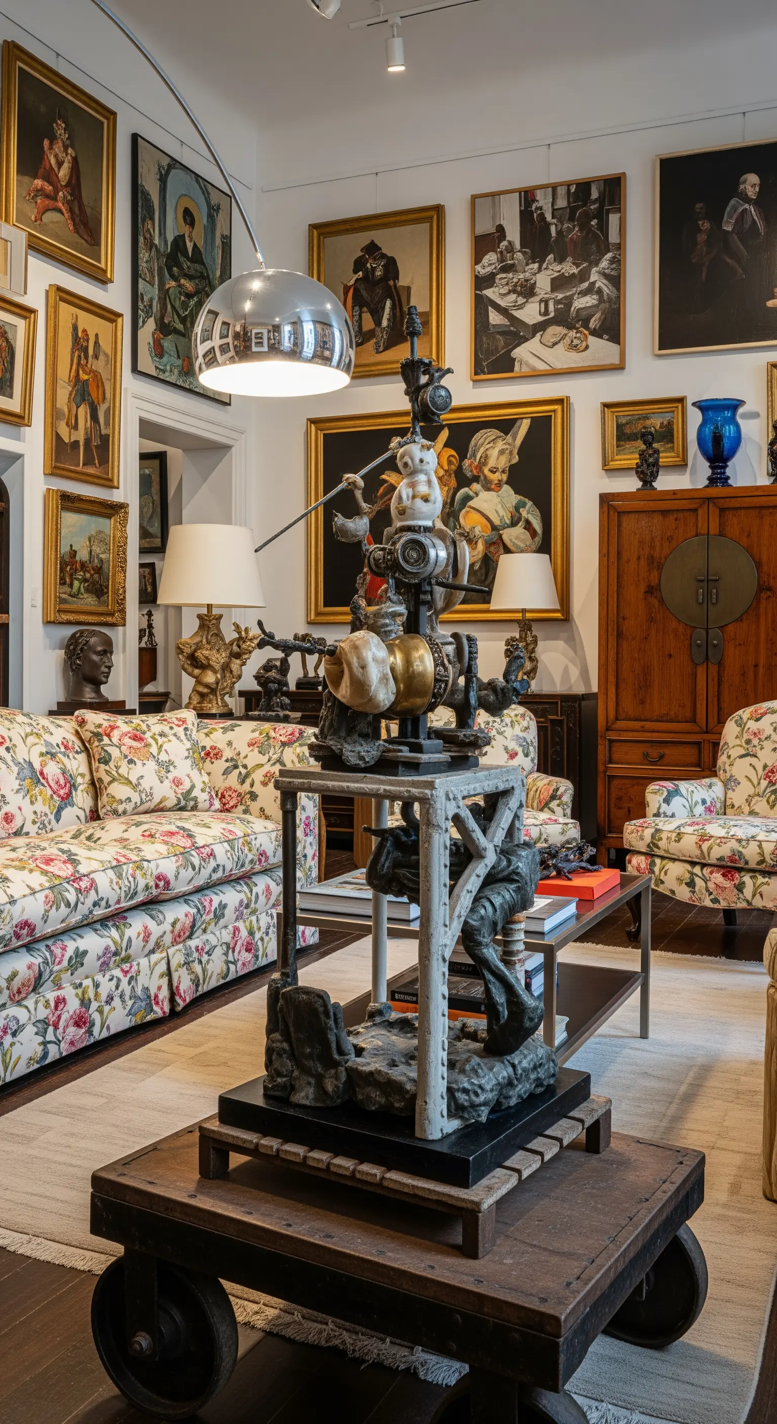 Industrielle Skulptur umgeben von einer vollen Galerie-Wand in einem eklektischen Wohnzimmer.