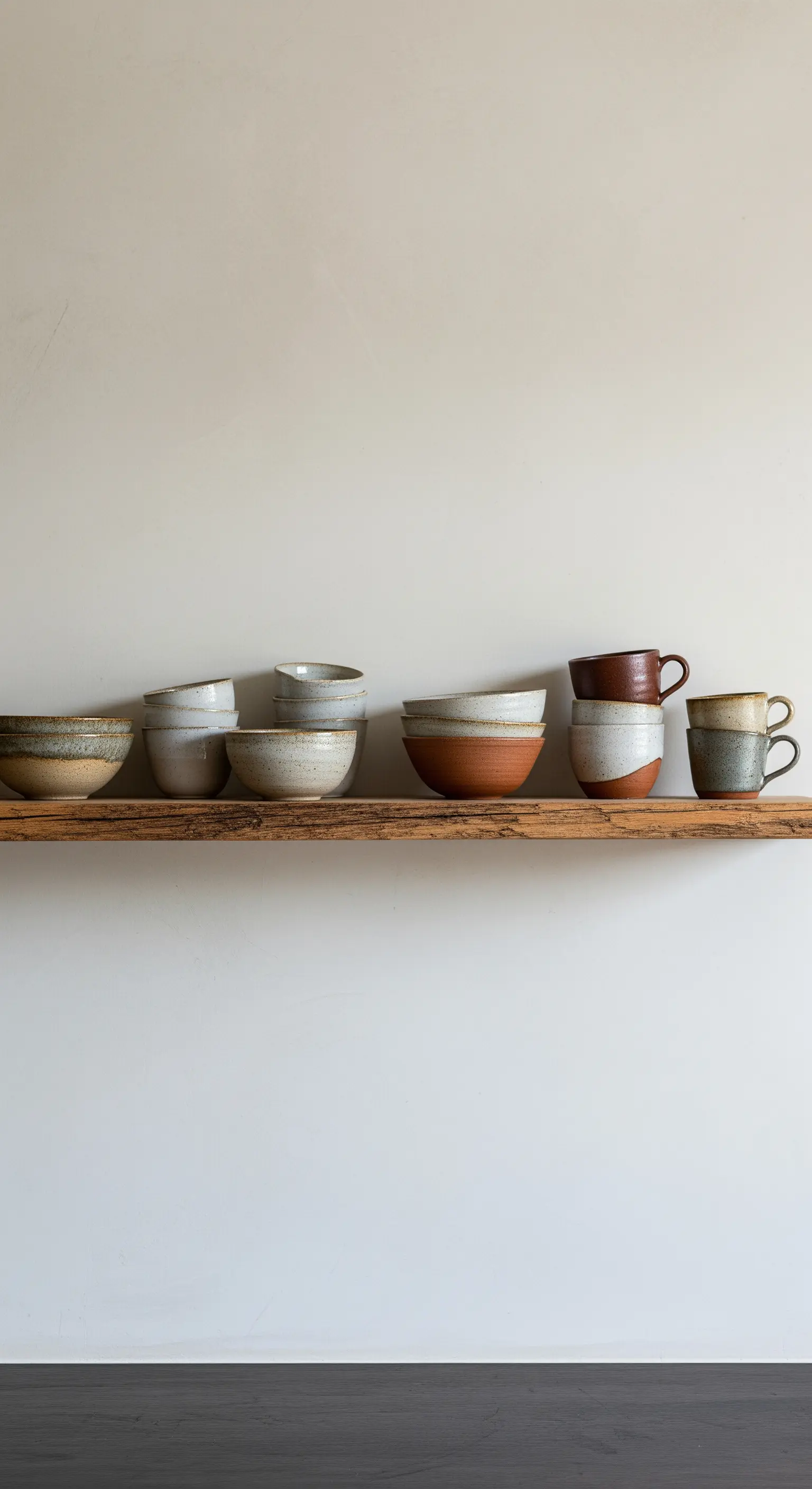 Handgemachte Keramikschalen und -tassen auf einem Holzregal als bewusste Dekoration.