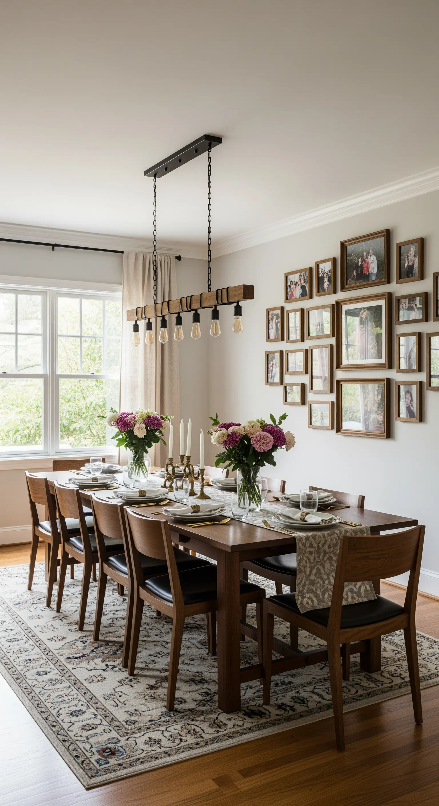 Esszimmerwand, die mit vielen gerahmten Familienfotos gestaltet ist.