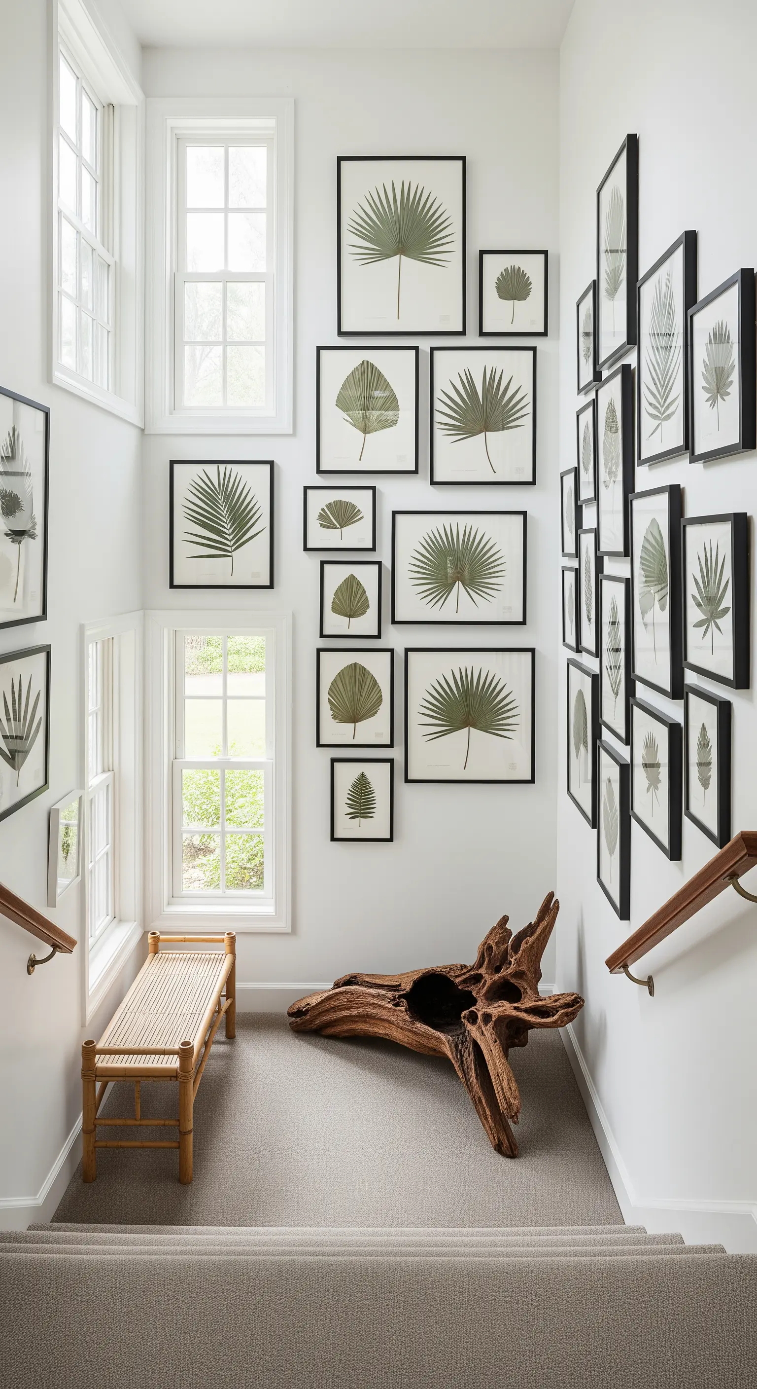 Helle Treppenhauswand mit einer dichten Galerie von gerahmten Palmblatt-Illustrationen
