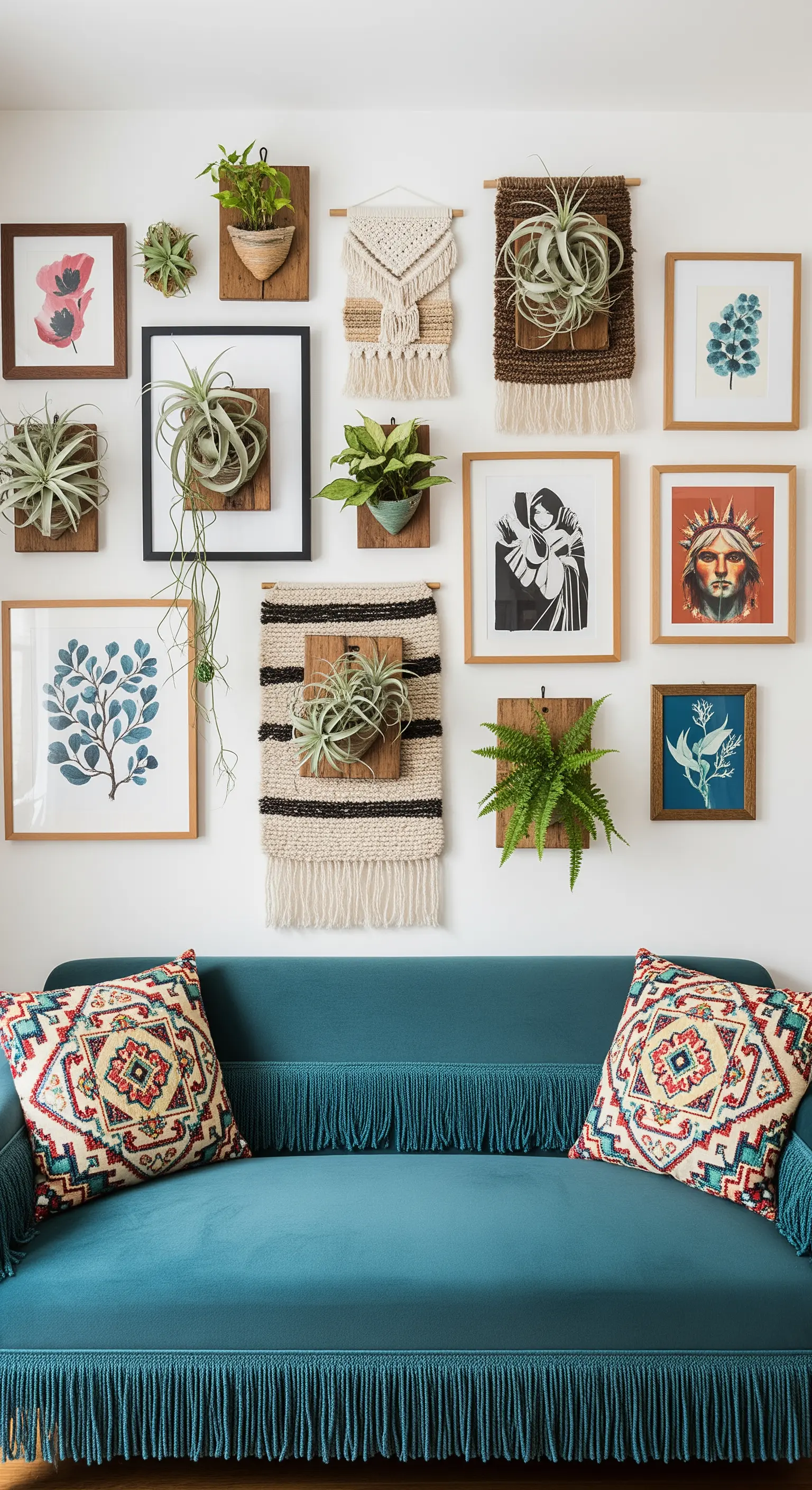 Eine Galeriewand mit einer Mischung aus gerahmten Bildern, Makramee und an der Wand befestigten Pflanzen.