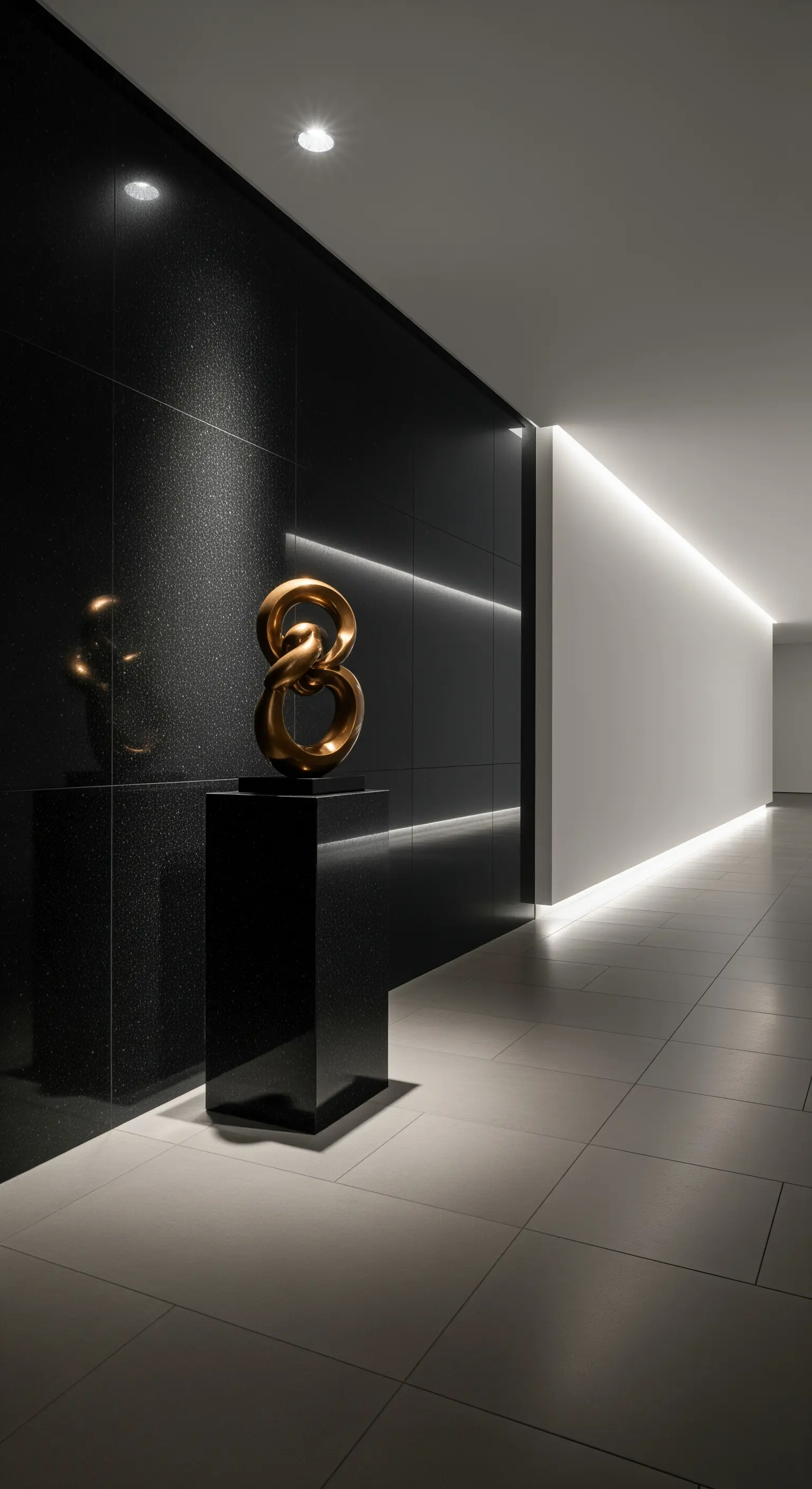 Flur mit glitzernder schwarzer Steinwand, die eine goldene Skulptur hervorhebt.