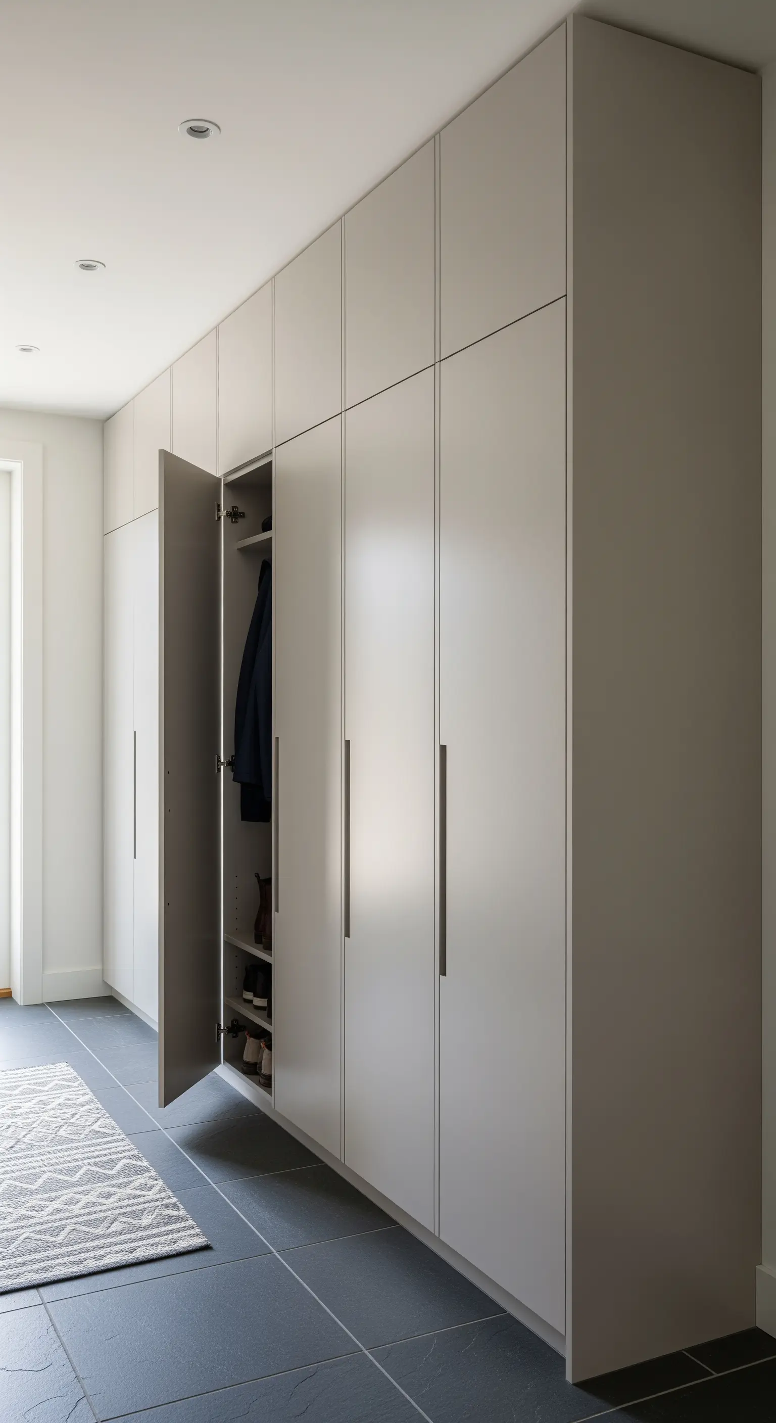 Deckenhohe Garderobenschränke in Hellgrau mit schlanken Griffen in einem Flur.