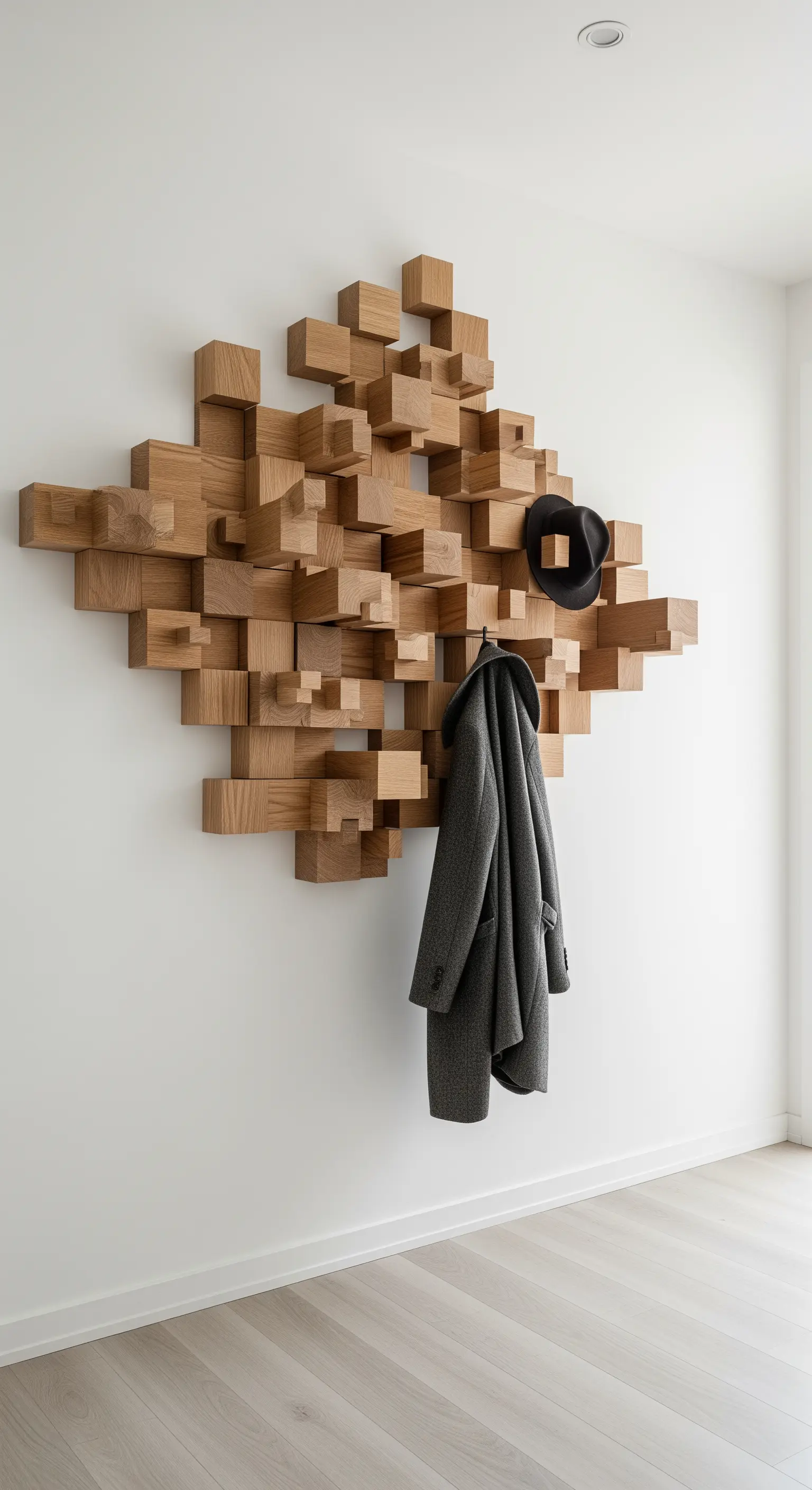 Große, skulpturale Wandgarderobe aus vielen einzelnen Holzblöcken