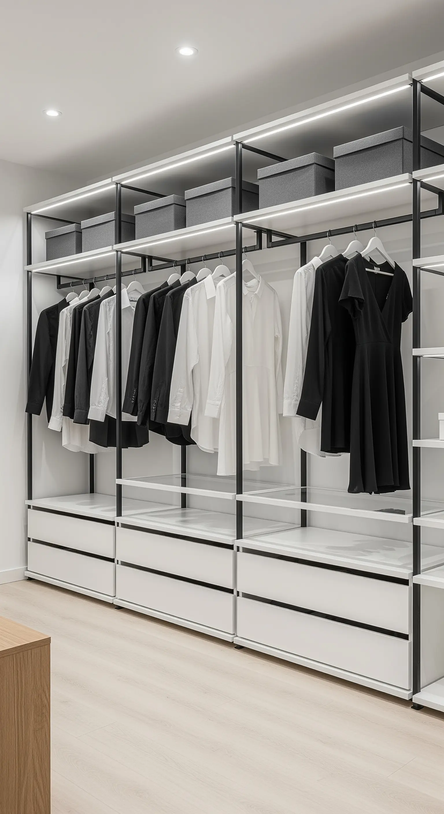 Offenes, minimalistisches Schranksystem mit schwarz-weißer Kleidung.