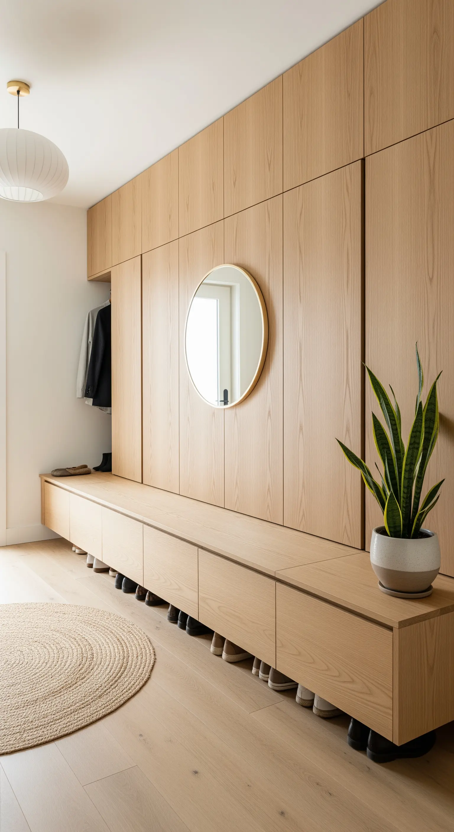 Eingangsbereich mit einer langen Holzbank, die integrierte Schubladen und Schränke hat.