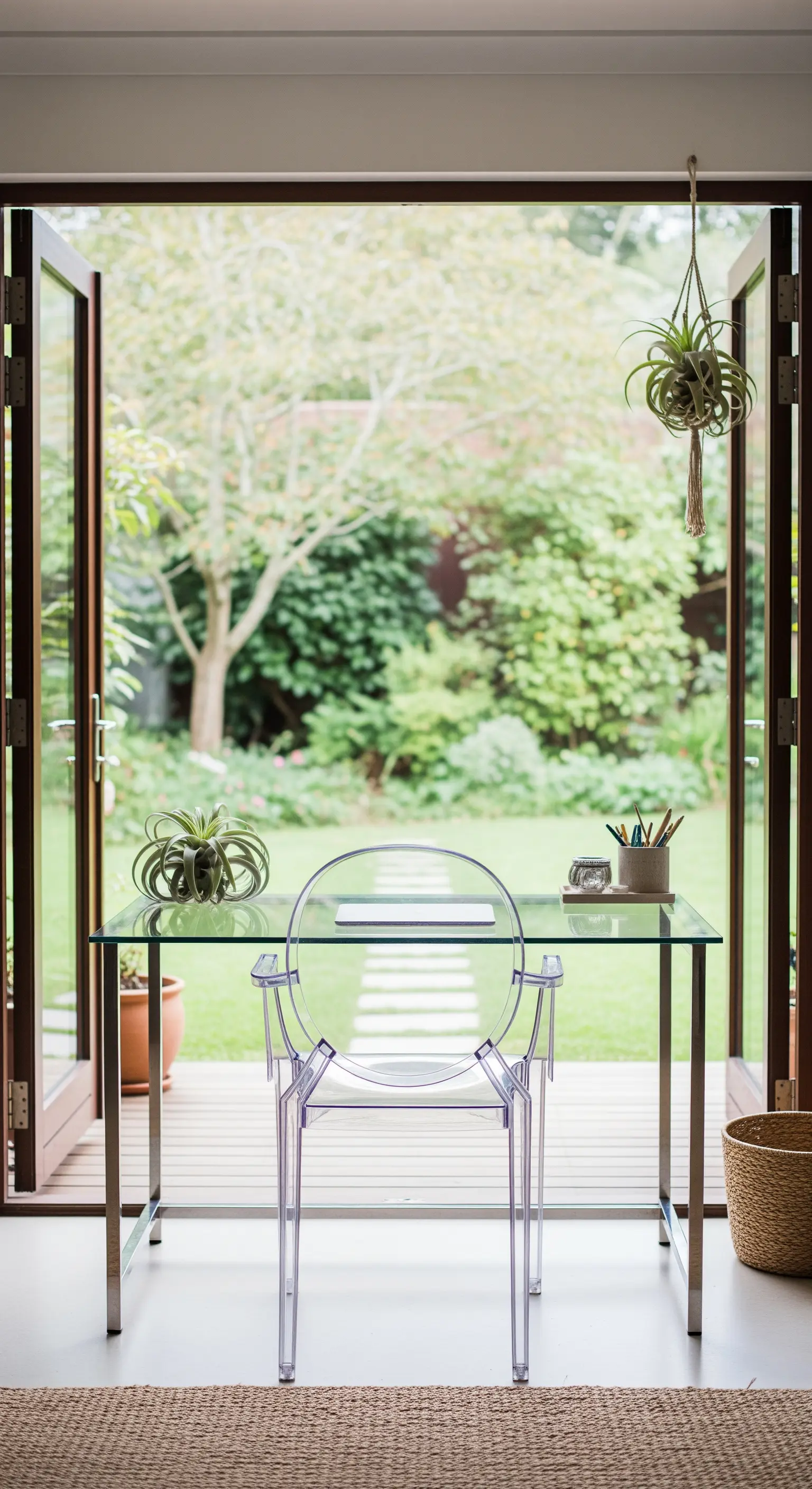 Minimalistisches Homeoffice mit Glastisch und transparentem Stuhl vor einer offenen Gartentür.