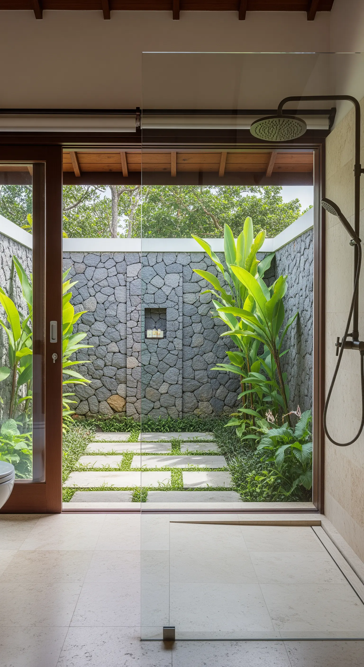 Badezimmer mit offener Dusche, die durch eine Schiebetür in einen privaten Garten führt