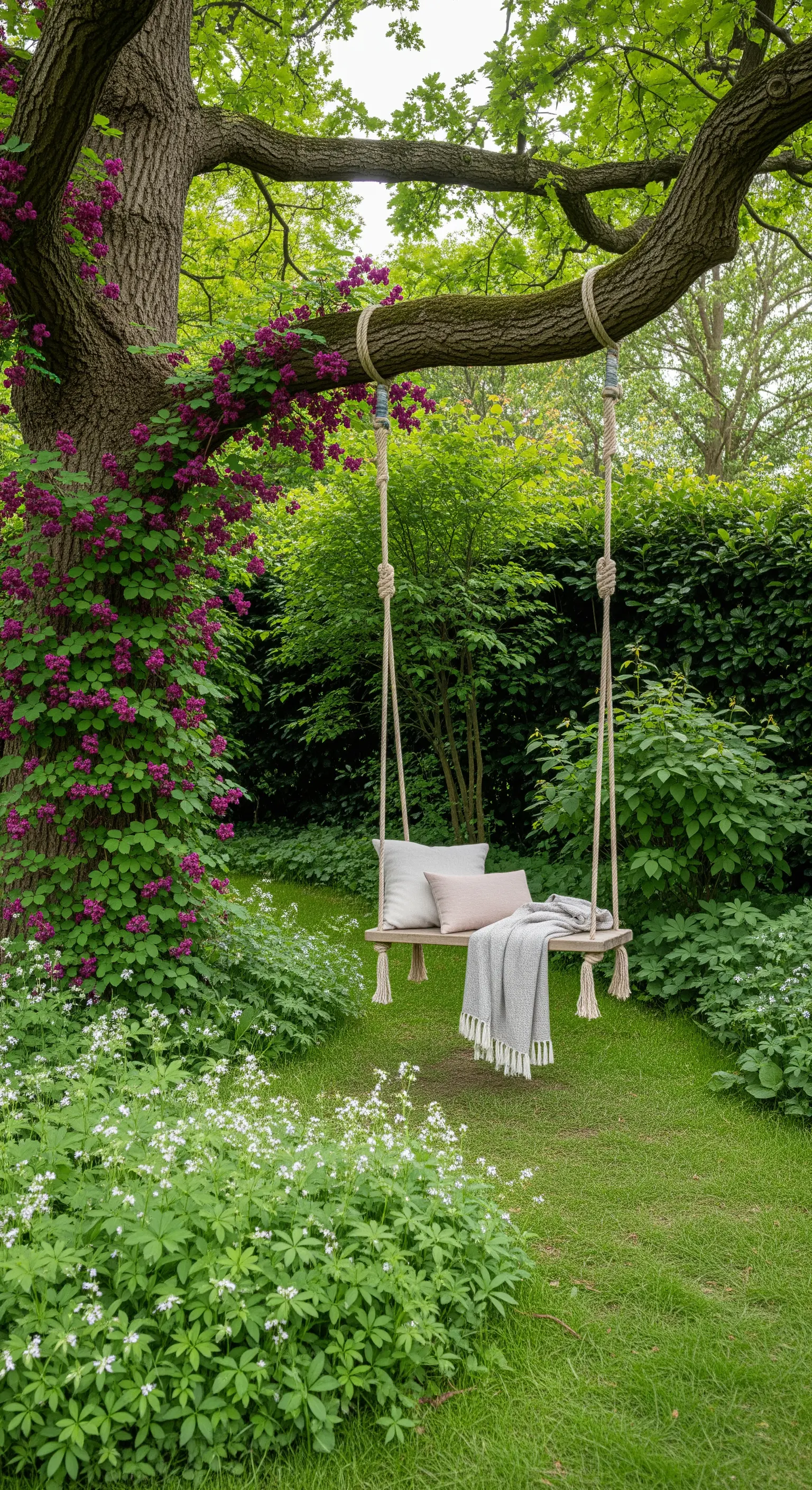 Eine Holzschaukel an einem alten Baum, umgeben von grünen und weißen Bodendeckern und Kletterpflanzen.