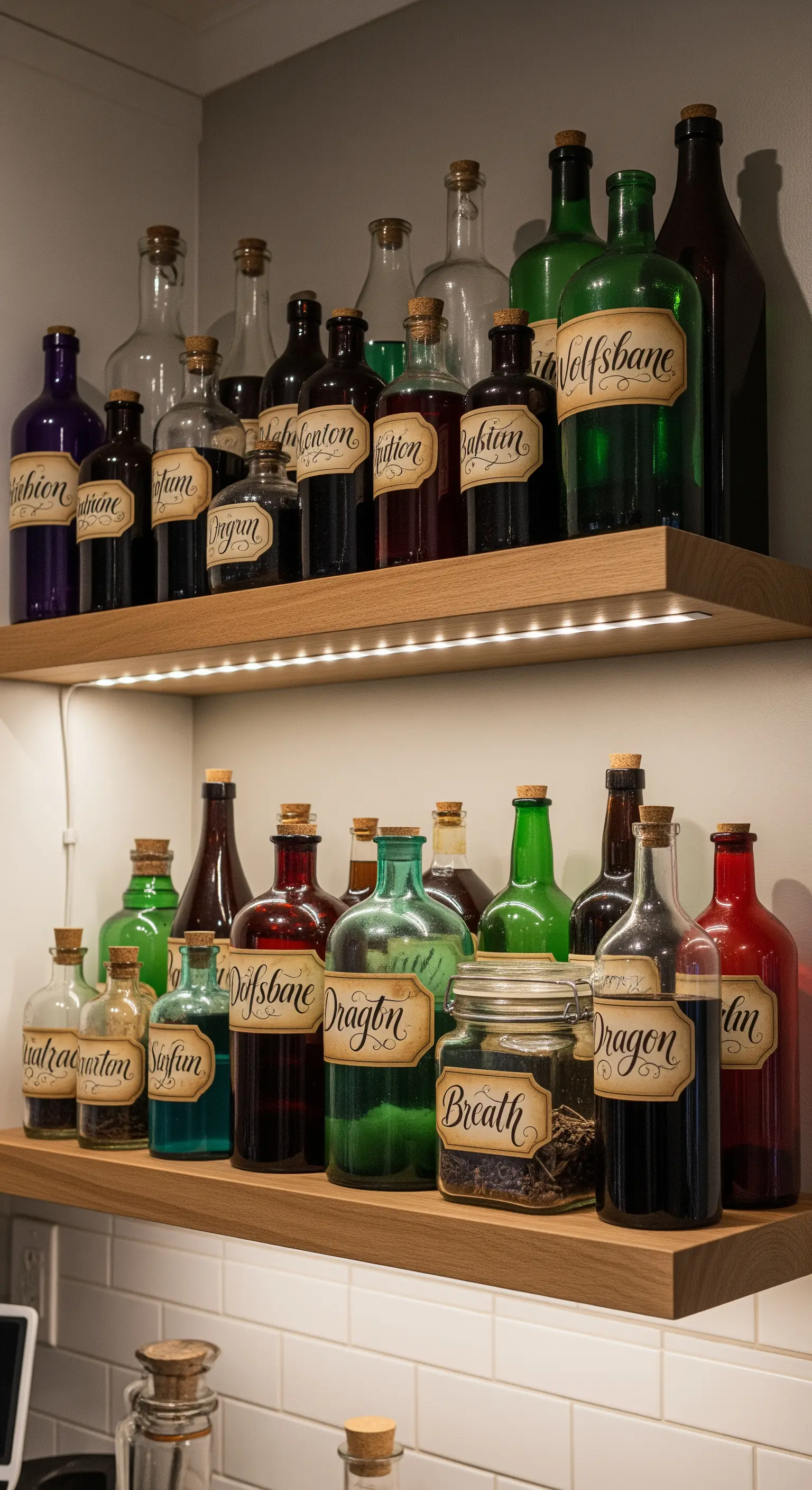 Regal mit verschiedenfarbigen Flaschen, die als Zaubertränke beschriftet sind.