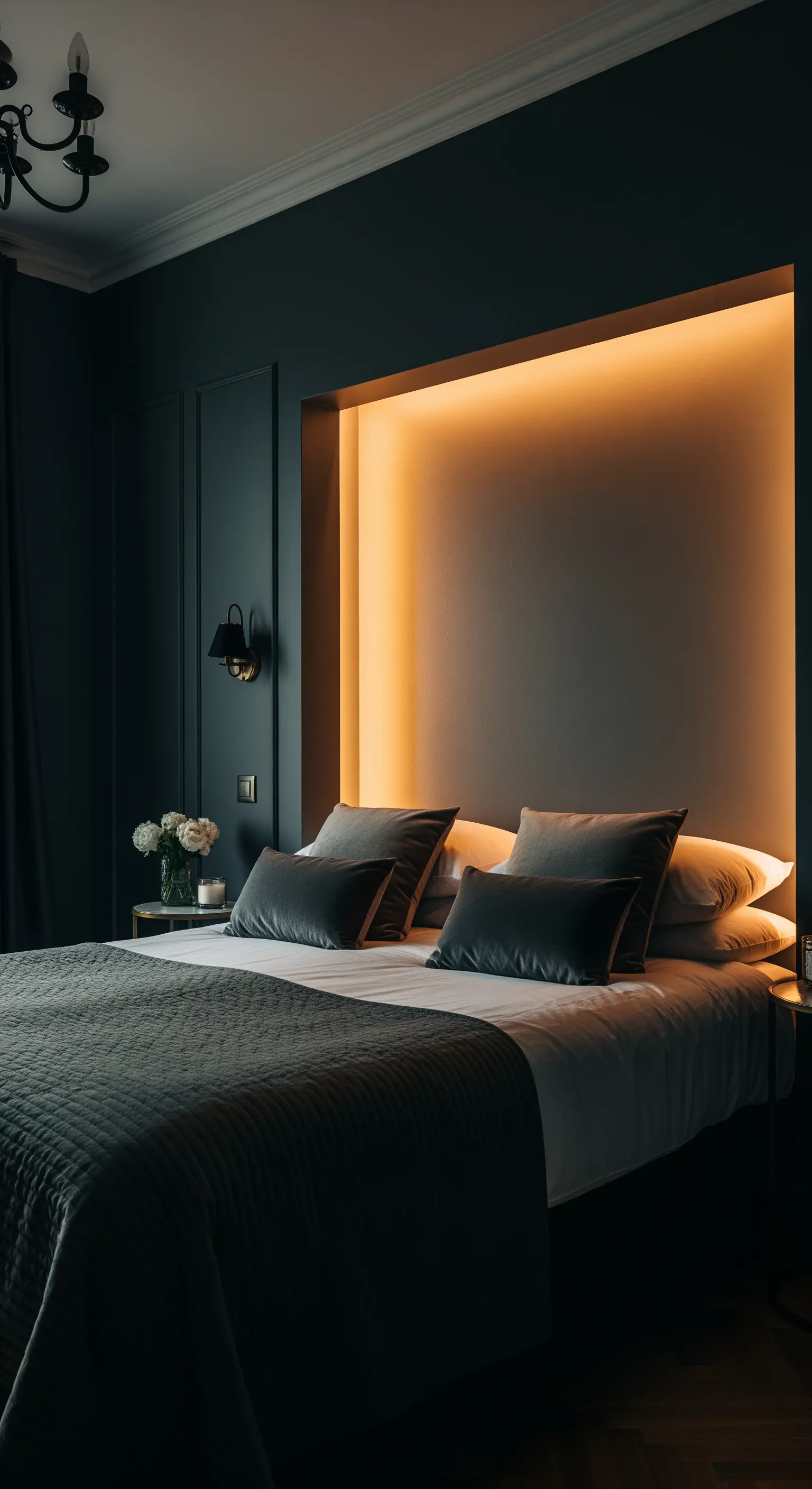 Eine tief eingelassene, warm leuchtende Nische hinter einem Bett mit dunklen Wänden.