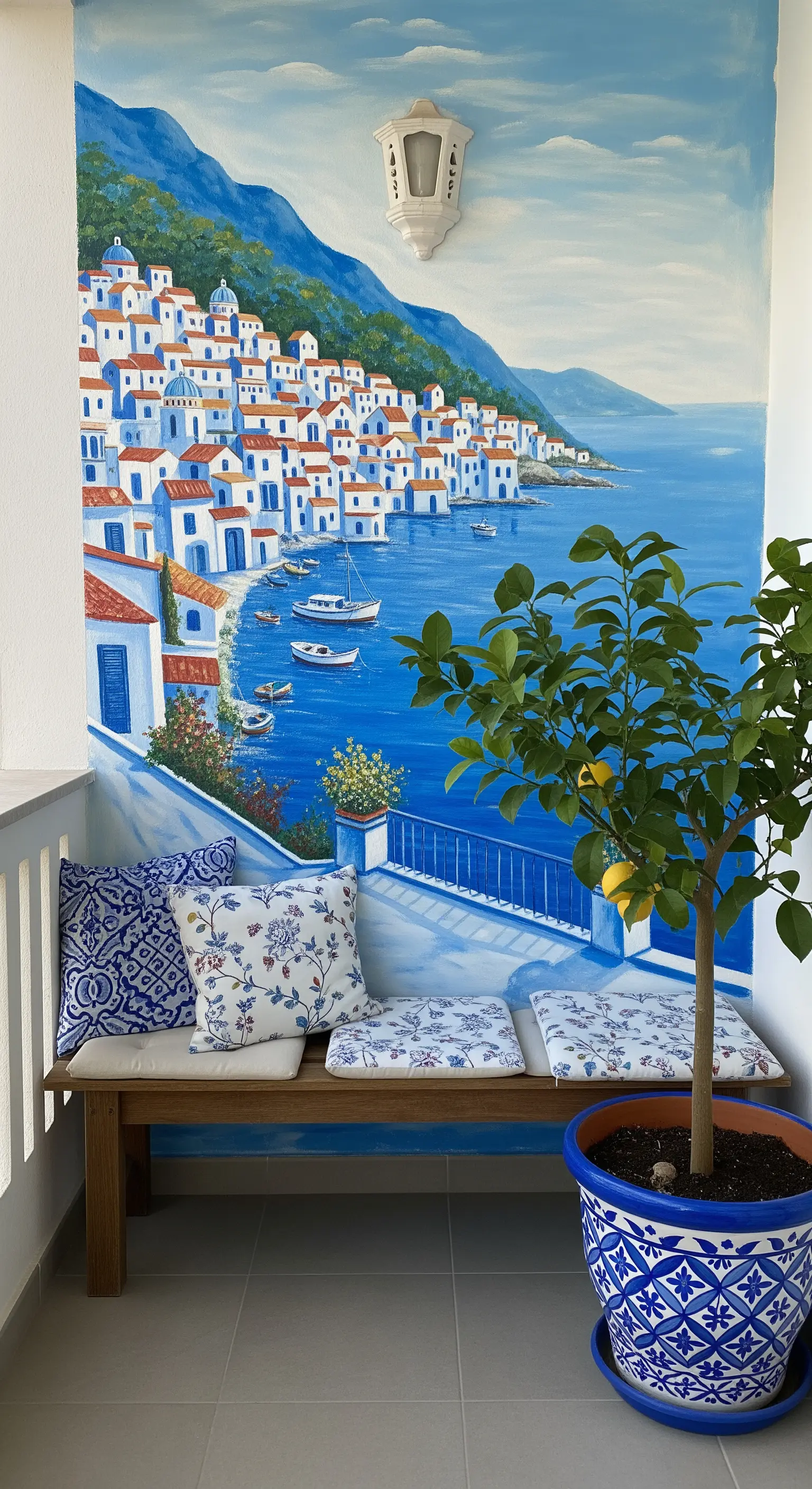 Balkon mit einer Wandmalerei einer mediterranen Küstenstadt und einer davorstehenden Holzbank.