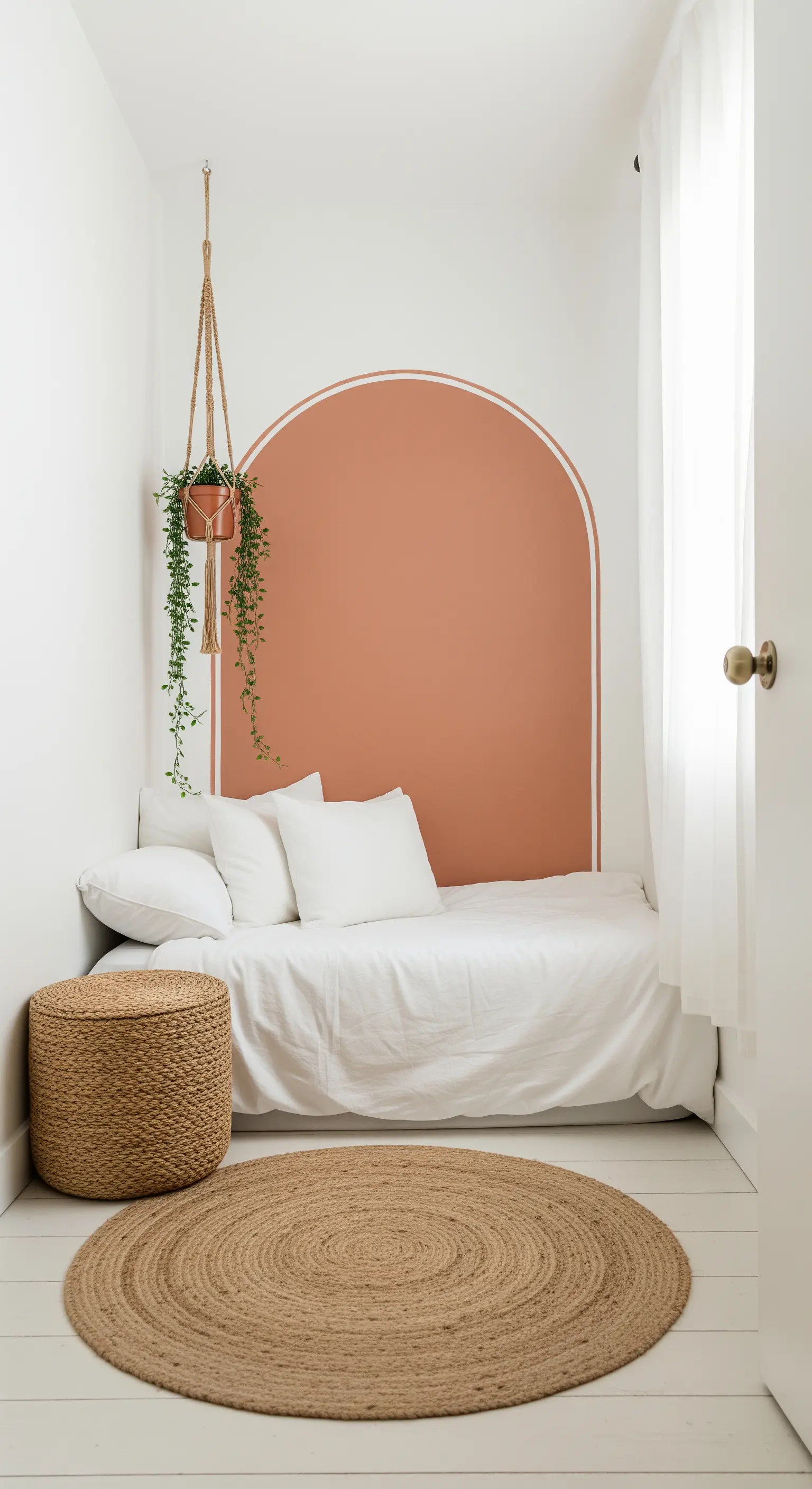 Kleine Schlafnische mit einer Matratze auf dem Boden und einem gemalten Bogen in Terrakotta an der Wand.