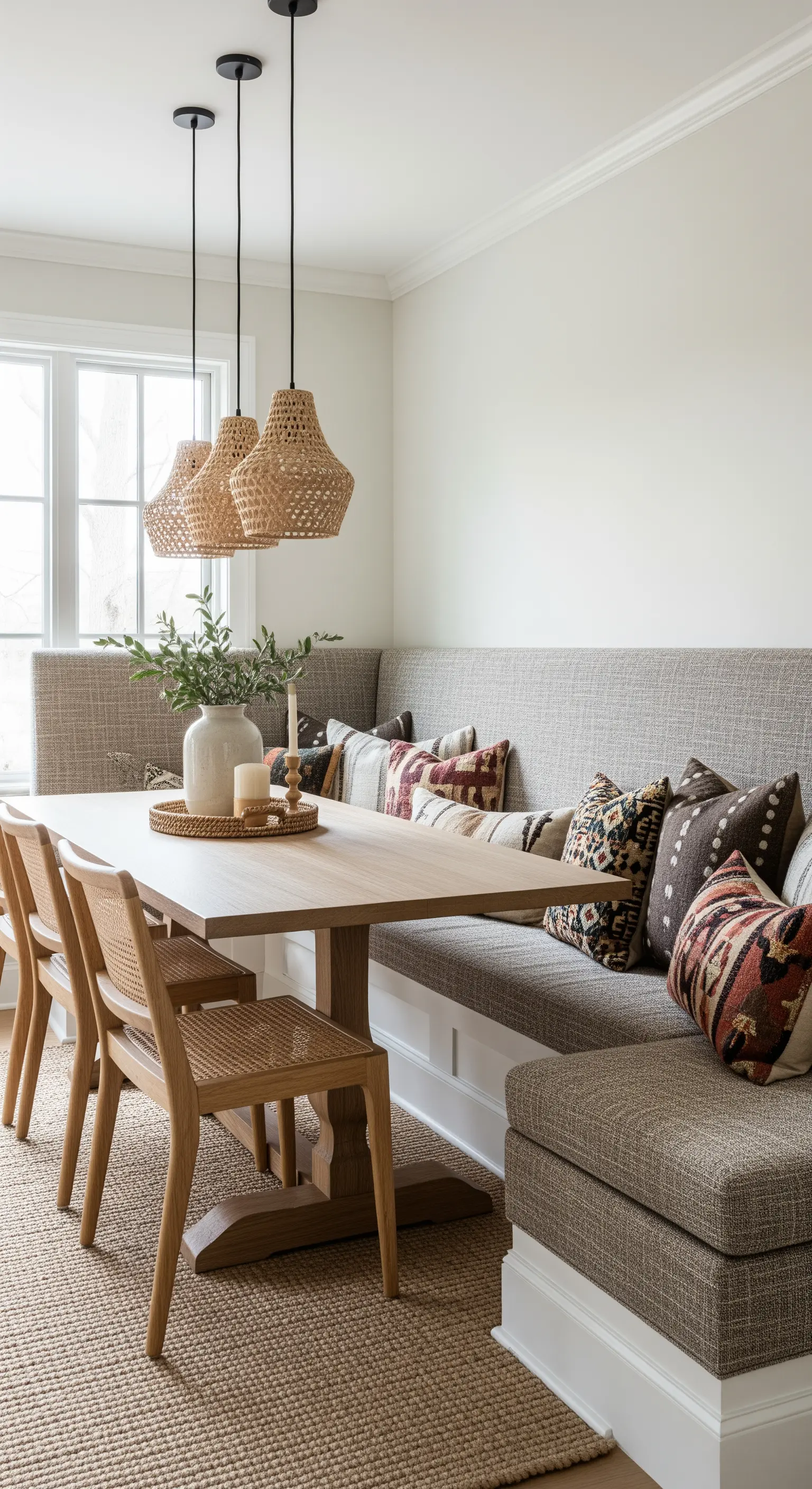 Essecke mit einer gepolsterten Eckbank voller gemusterter Kissen.