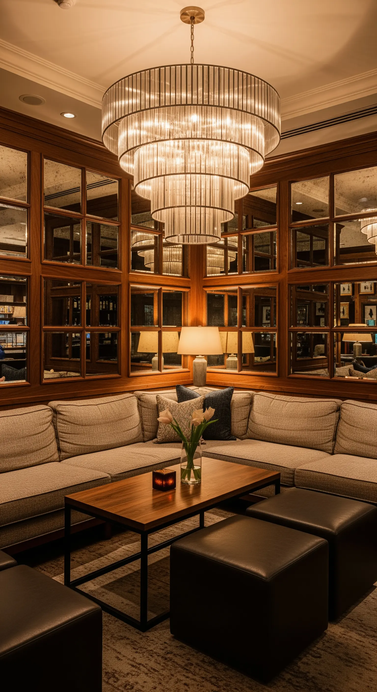 Gemütliche Eck-Lounge mit holzgerahmten Spiegelwänden, die den Raum optisch öffnen.