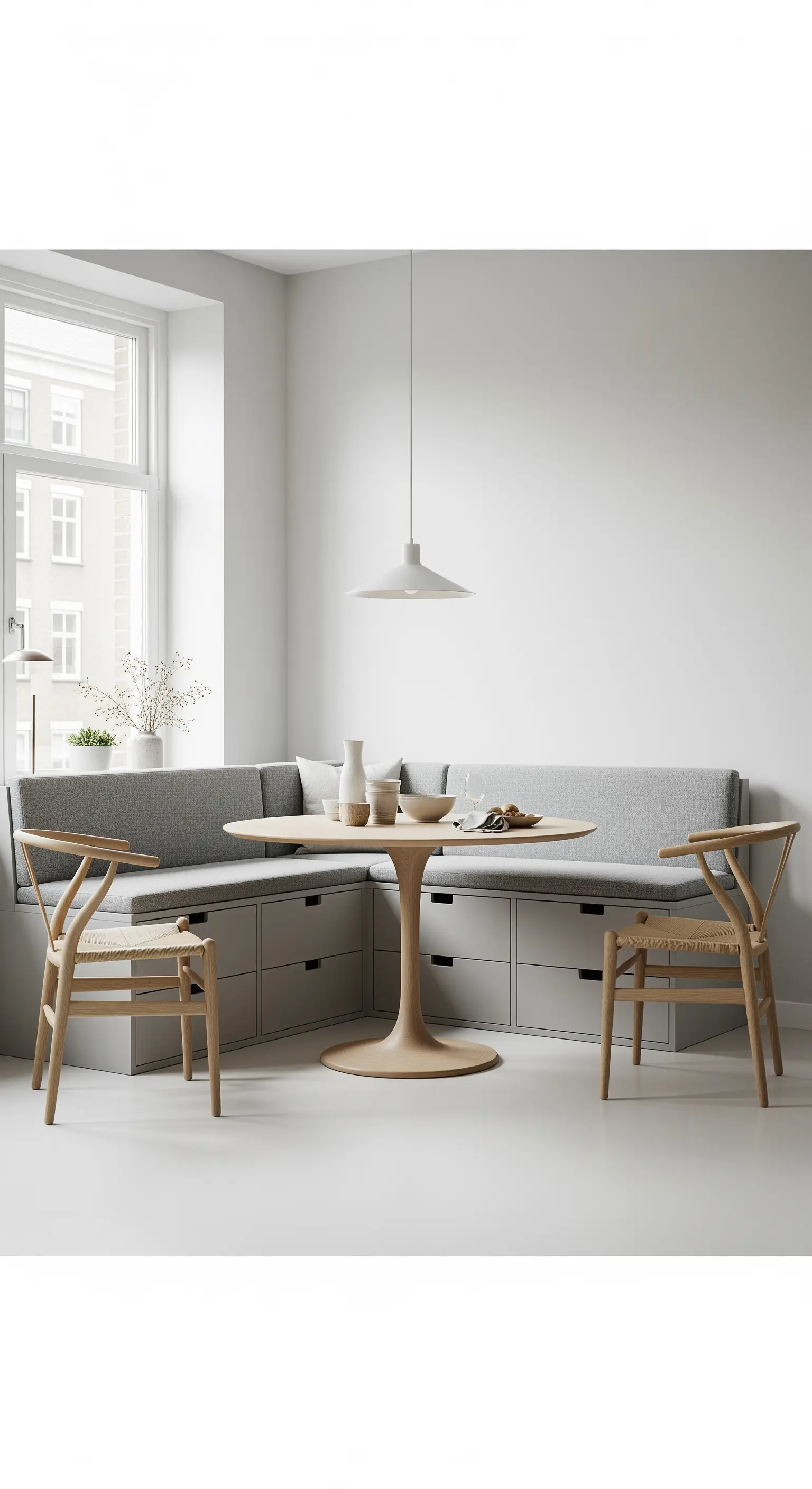 Gepolsterte Eckbank im Essbereich mit integrierten Schubladen unter der Sitzfläche.