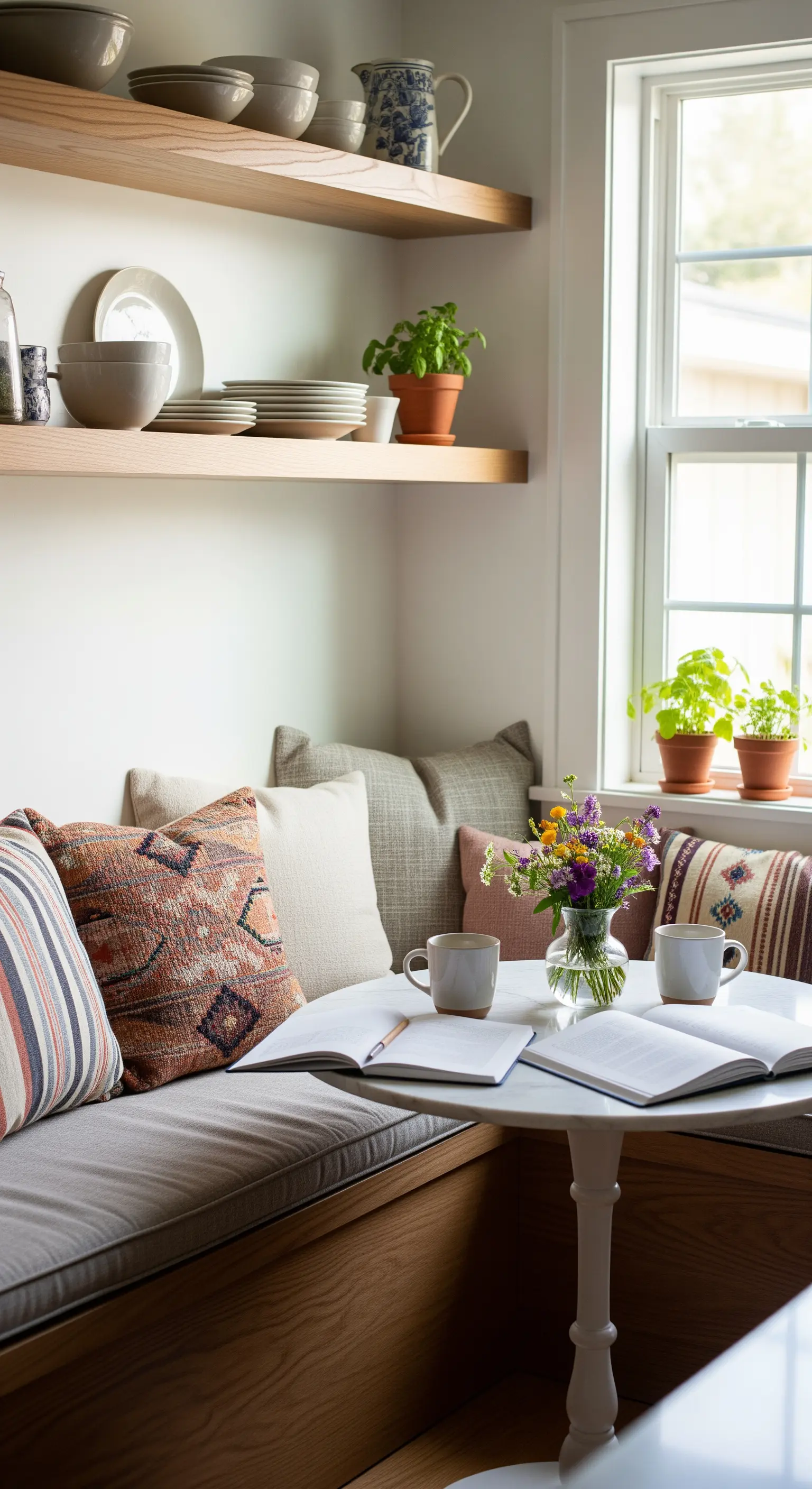 Kleine Frühstücksecke mit gepolsterter Sitzbank, Boho-Kissen und frischen Blumen.